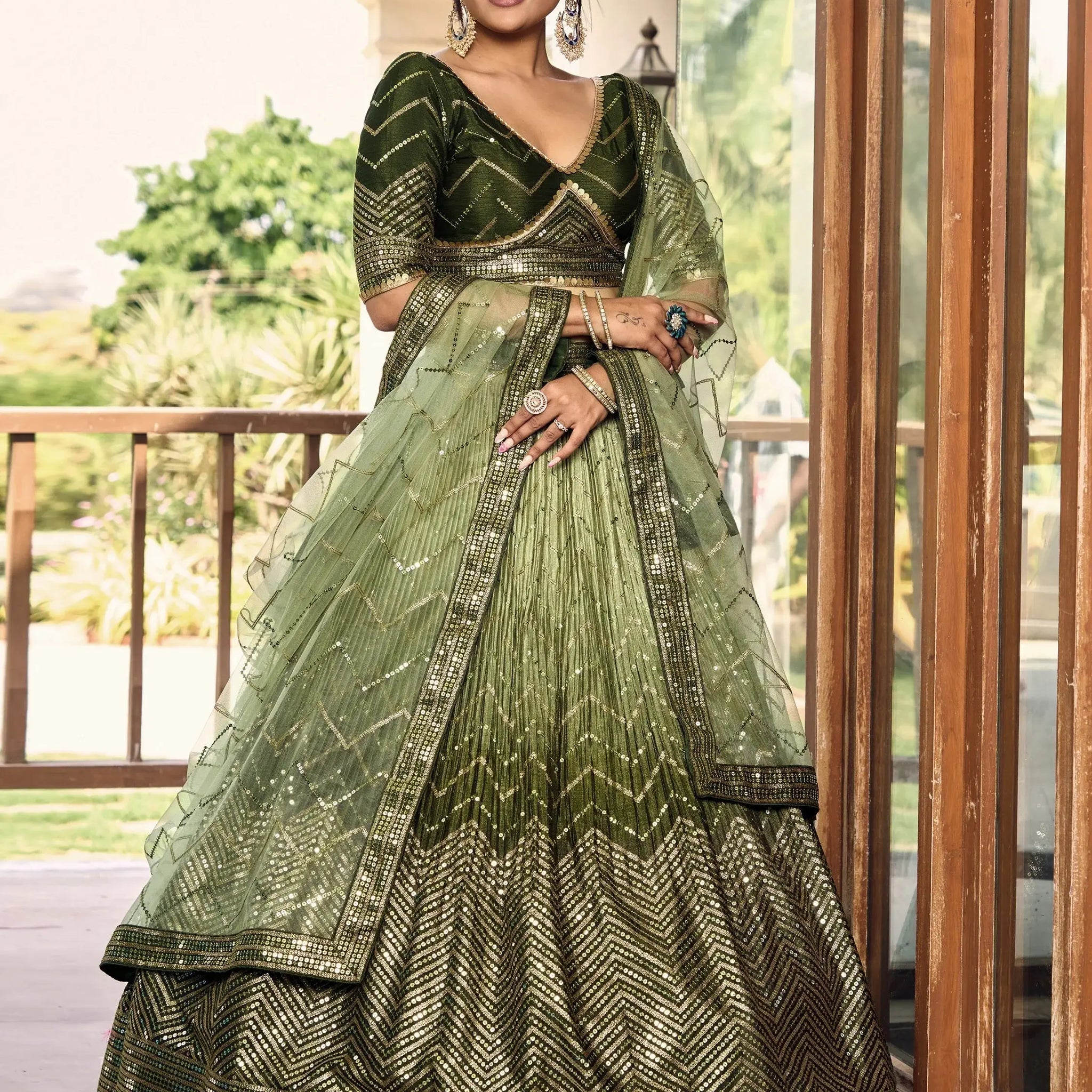 Wonderful Green Sequins Chinon Mehendi Wear Lehenga Choli - Zeel Clothing