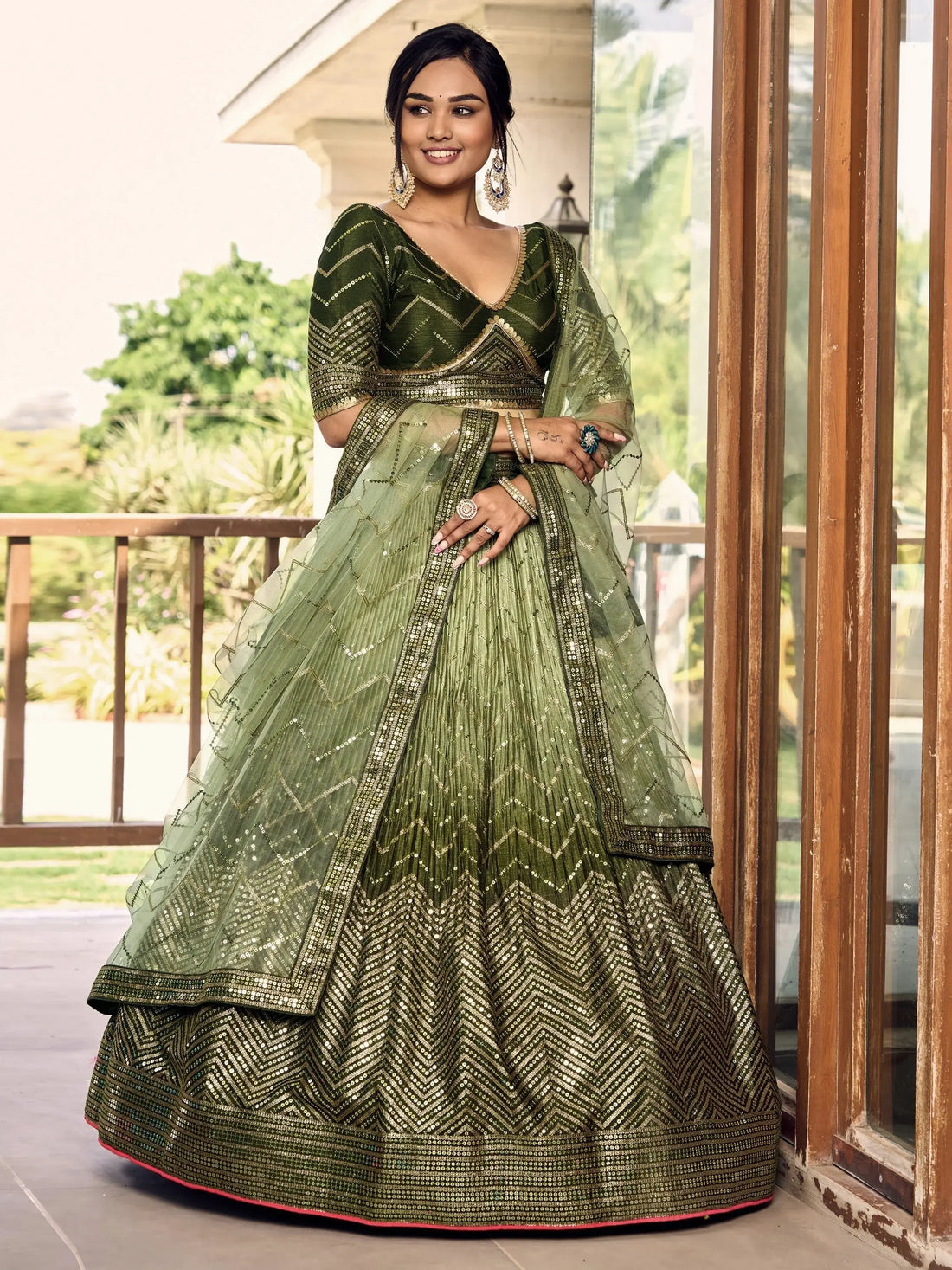 Wonderful Green Sequins Chinon Mehendi Wear Lehenga Choli - Zeel Clothing