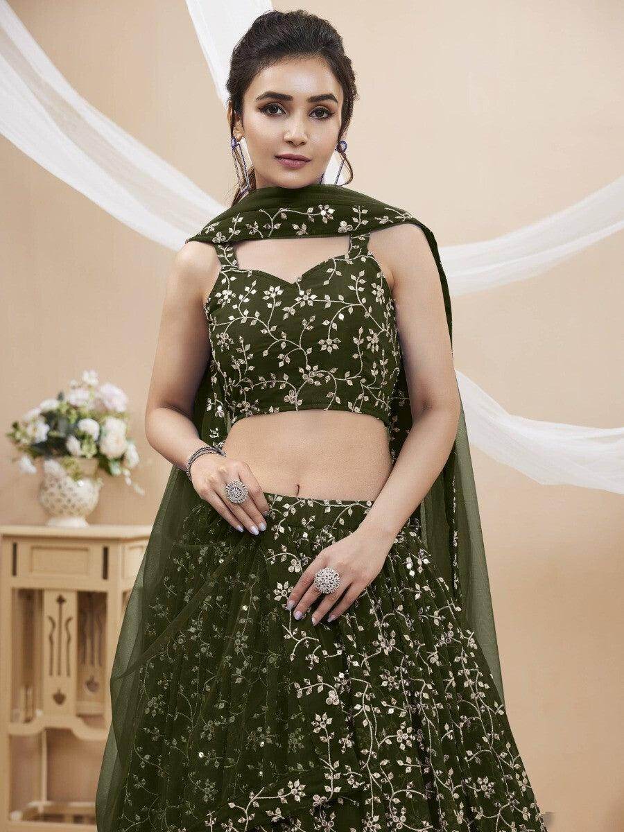Wonderful Green Sequins Georgette Mehendi Wear Lehenga Choli - Zeel Clothing