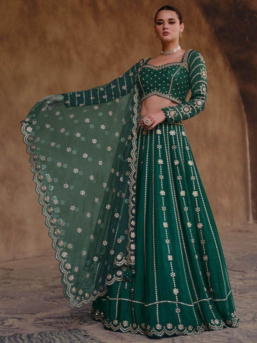 Wonderful Green Sequins Silk Engagement Wear Lehenga Choli - Zeel Clothing