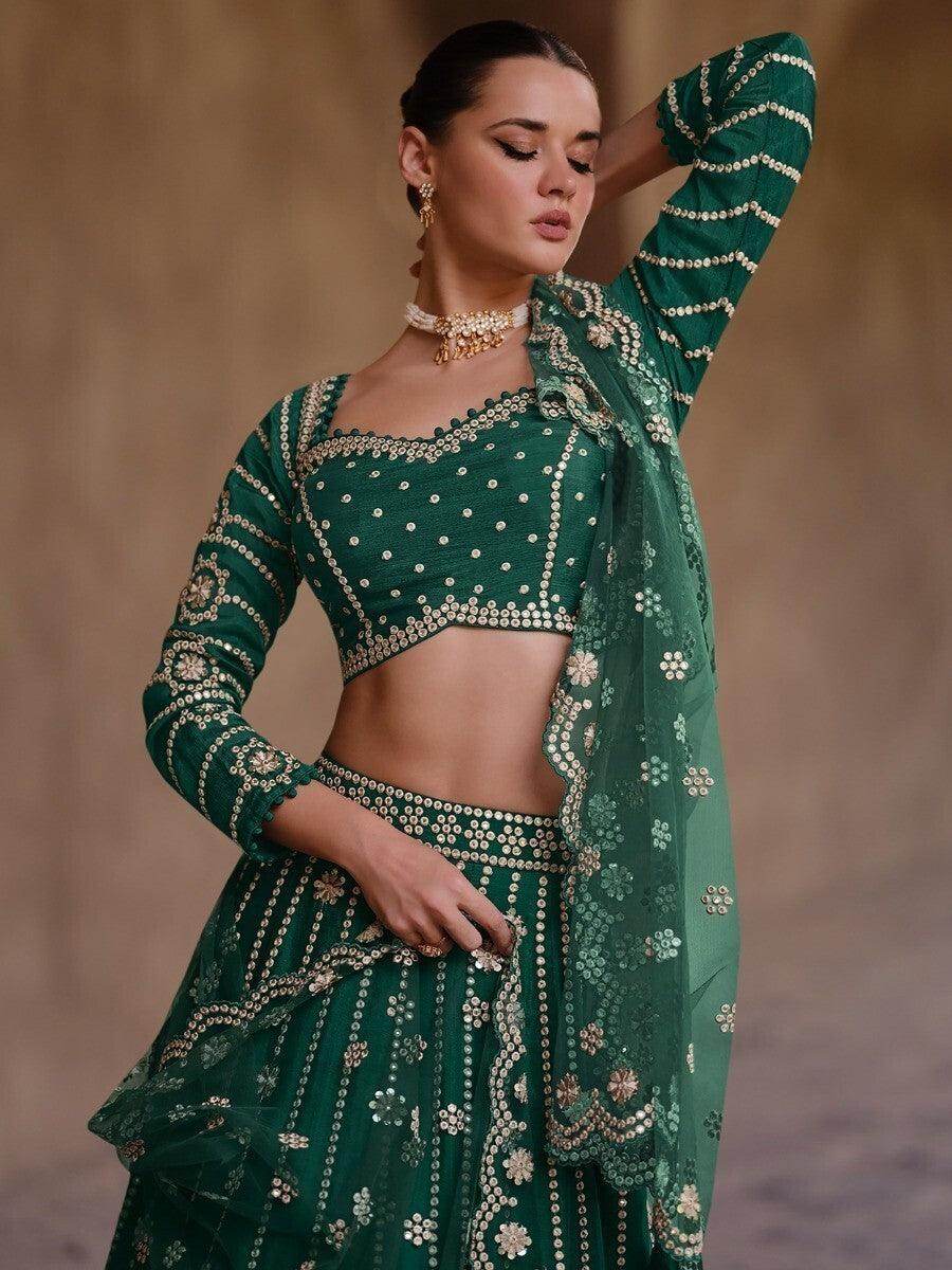 Wonderful Green Sequins Silk Engagement Wear Lehenga Choli - Zeel Clothing