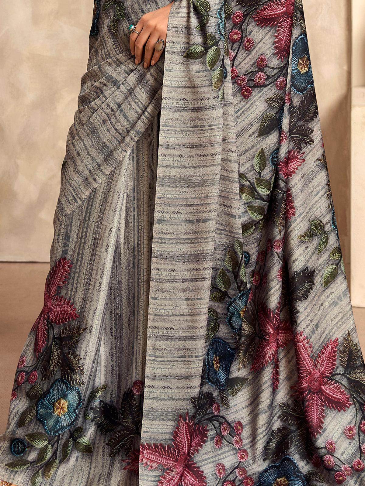 Wonderful Grey Floral Printed Satin Casual Wear Saree With Blouse - Zeel Clothing