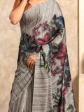 Wonderful Grey Floral Printed Satin Casual Wear Saree With Blouse - Zeel Clothing
