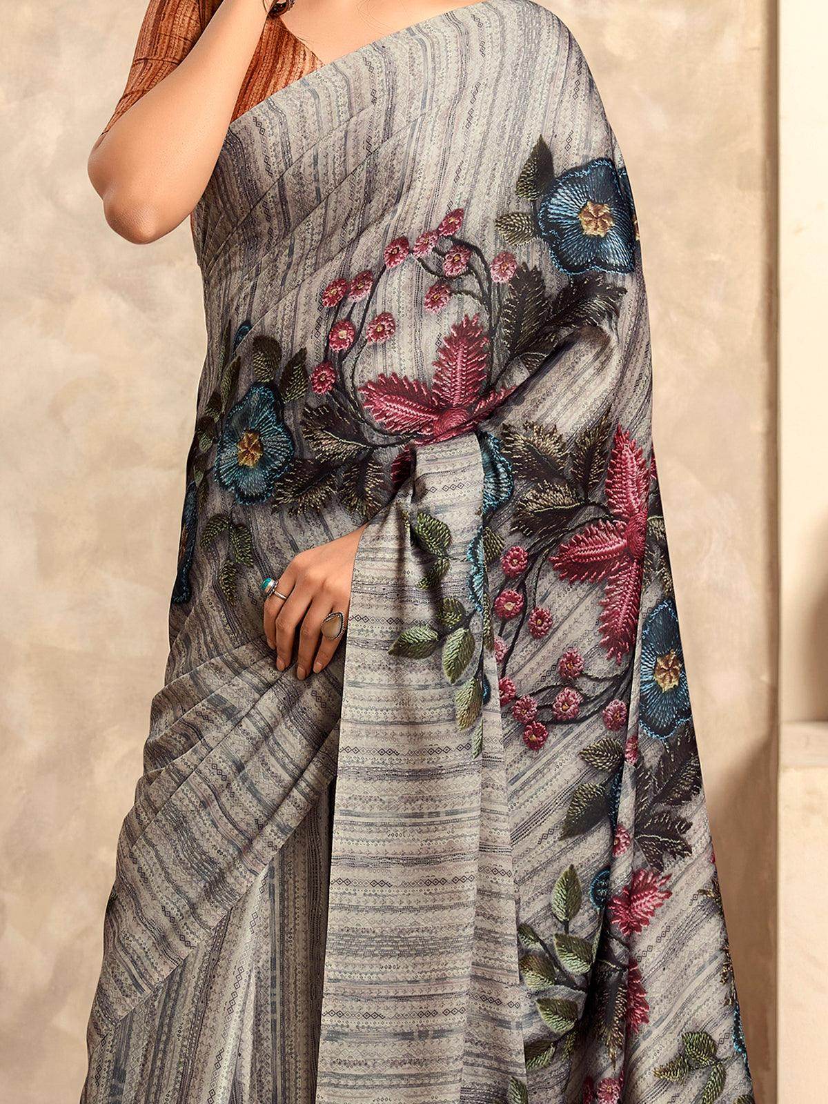 Wonderful Grey Floral Printed Satin Casual Wear Saree With Blouse - Zeel Clothing