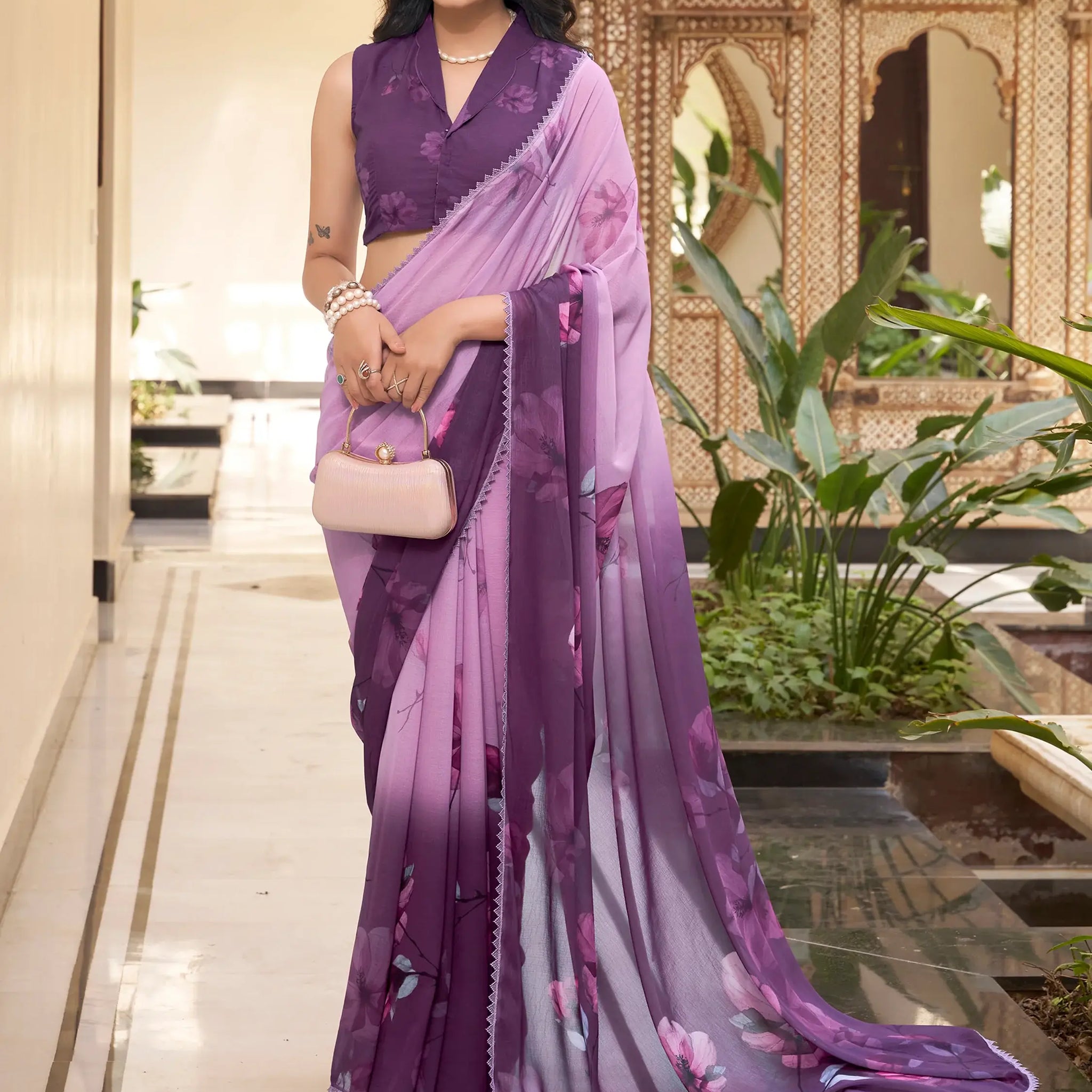 Wonderful Lavender Floral Printed Chiffon Casual Wear Saree - Zeel Clothing