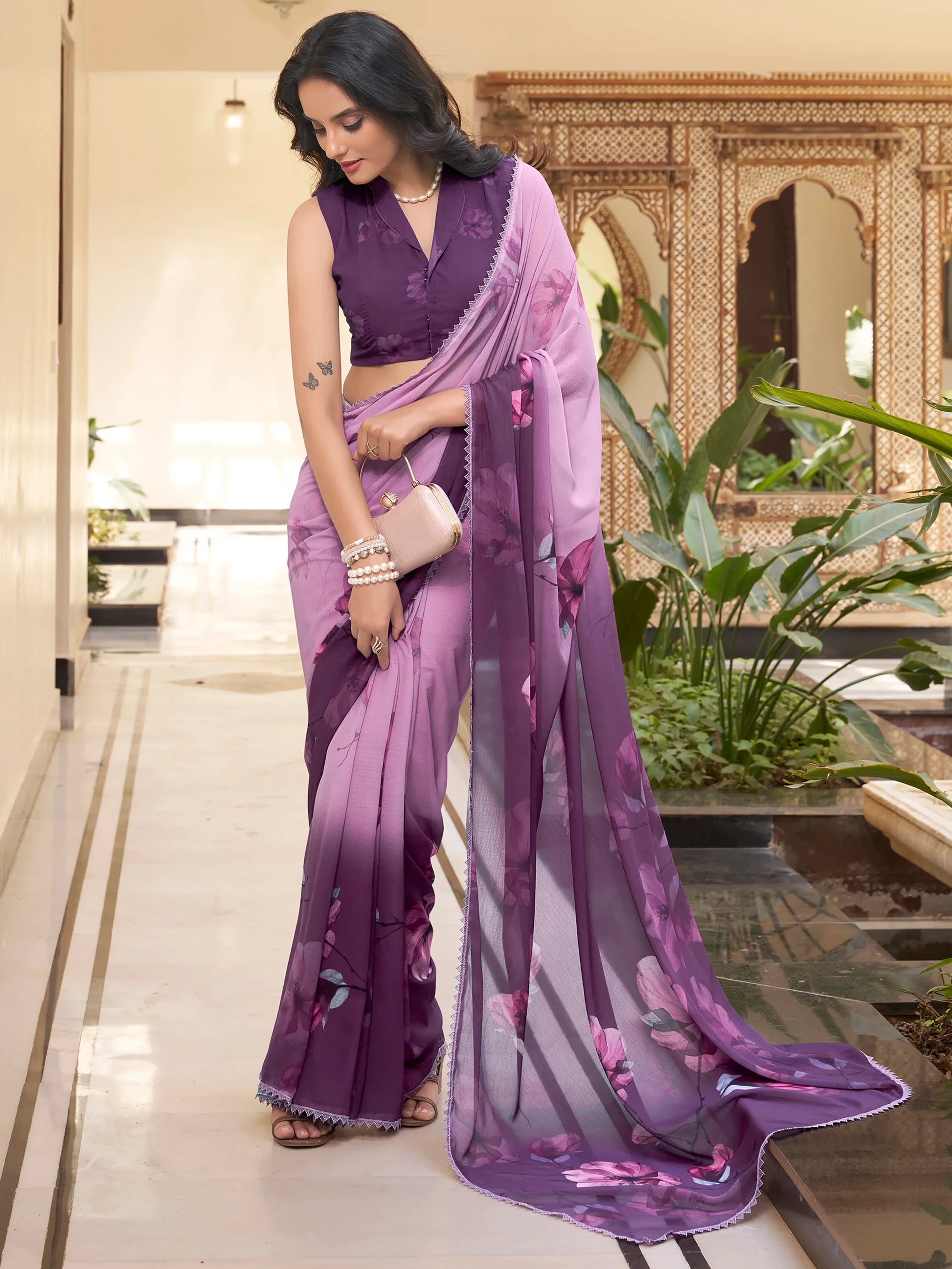 Wonderful Lavender Floral Printed Chiffon Casual Wear Saree - Zeel Clothing
