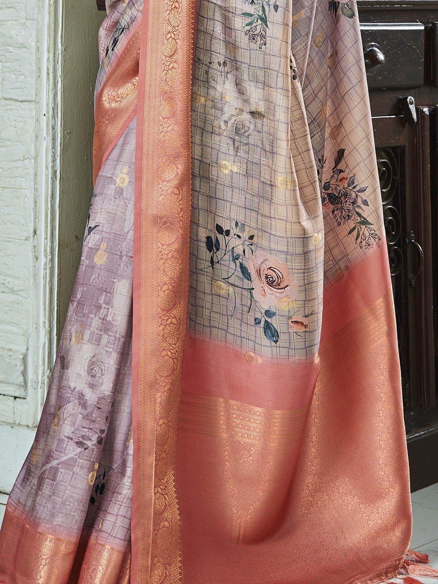 Wonderful Lavender Floral Printed Silk Traditional Saree With Blouse - Zeel Clothing