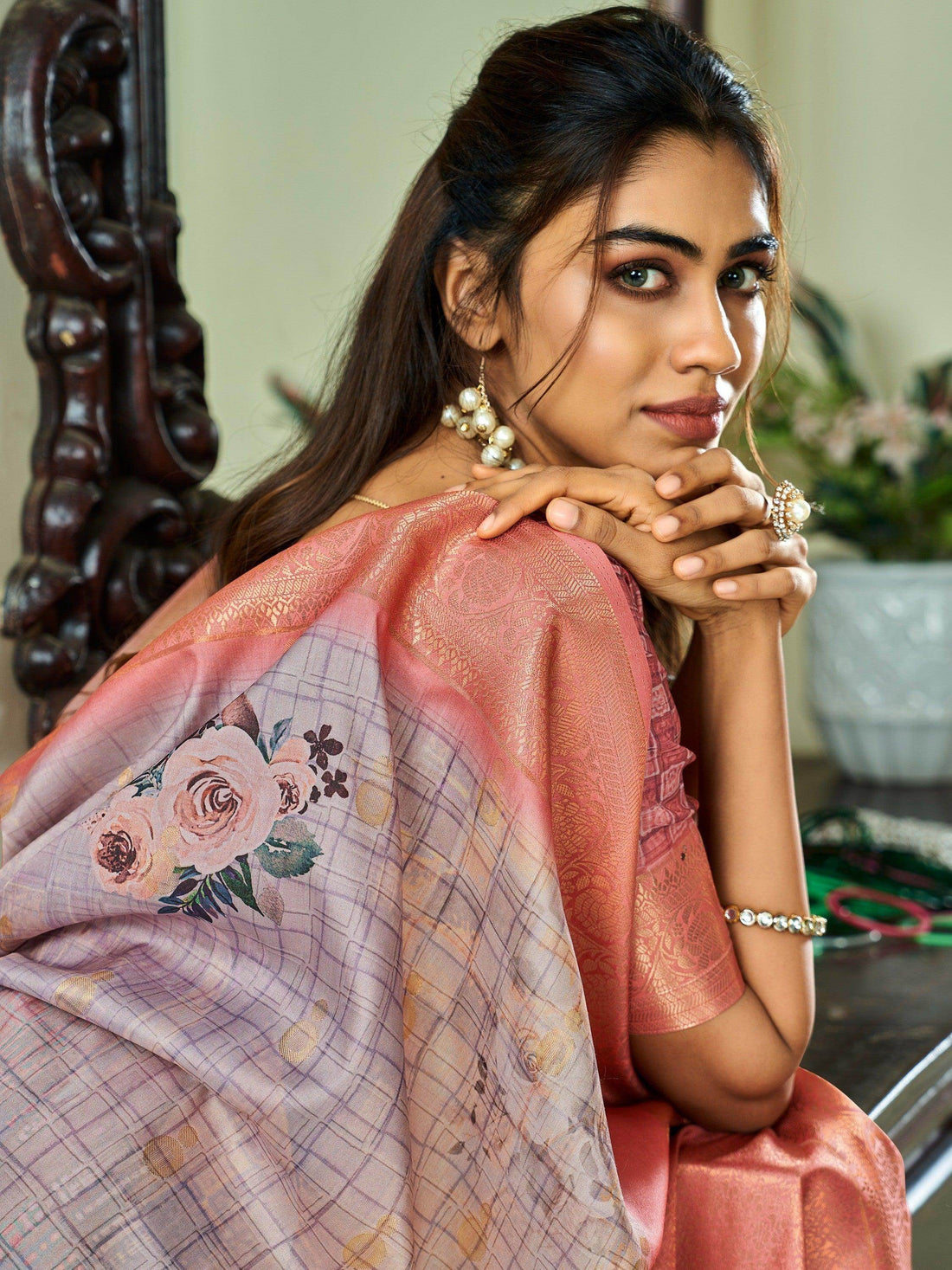 Wonderful Lavender Floral Printed Silk Traditional Saree With Blouse - Zeel Clothing