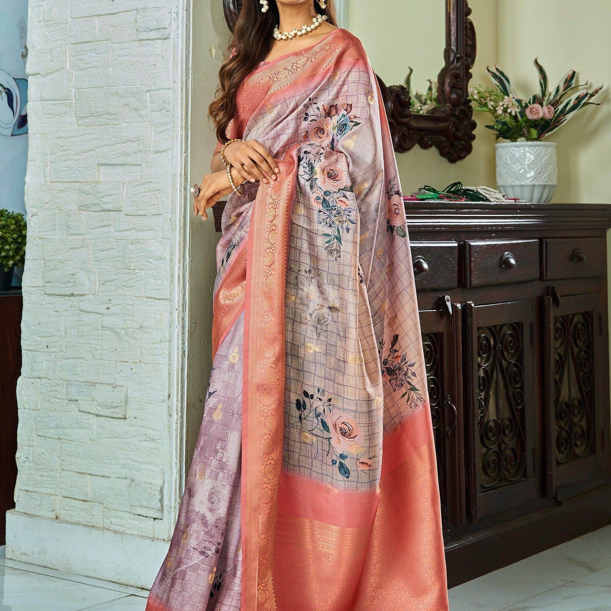 Wonderful Lavender Floral Printed Silk Traditional Saree With Blouse - Zeel Clothing