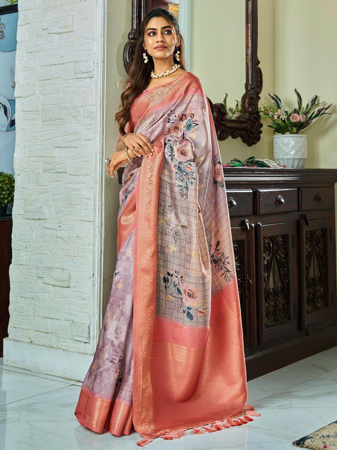 Wonderful Lavender Floral Printed Silk Traditional Saree With Blouse - Zeel Clothing