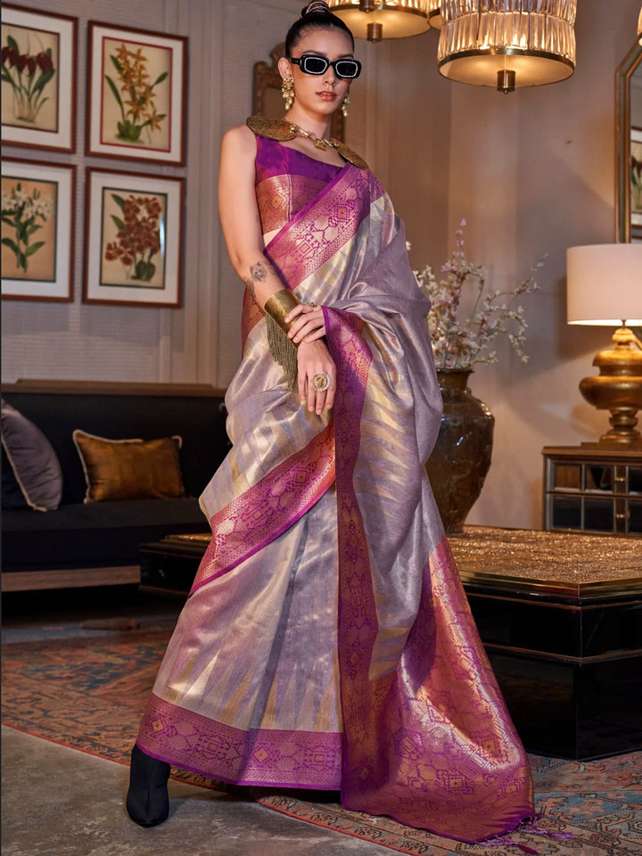 Wonderful Lavender Zari Weaving Tissue Silk Festival Wear Saree - Zeel Clothing