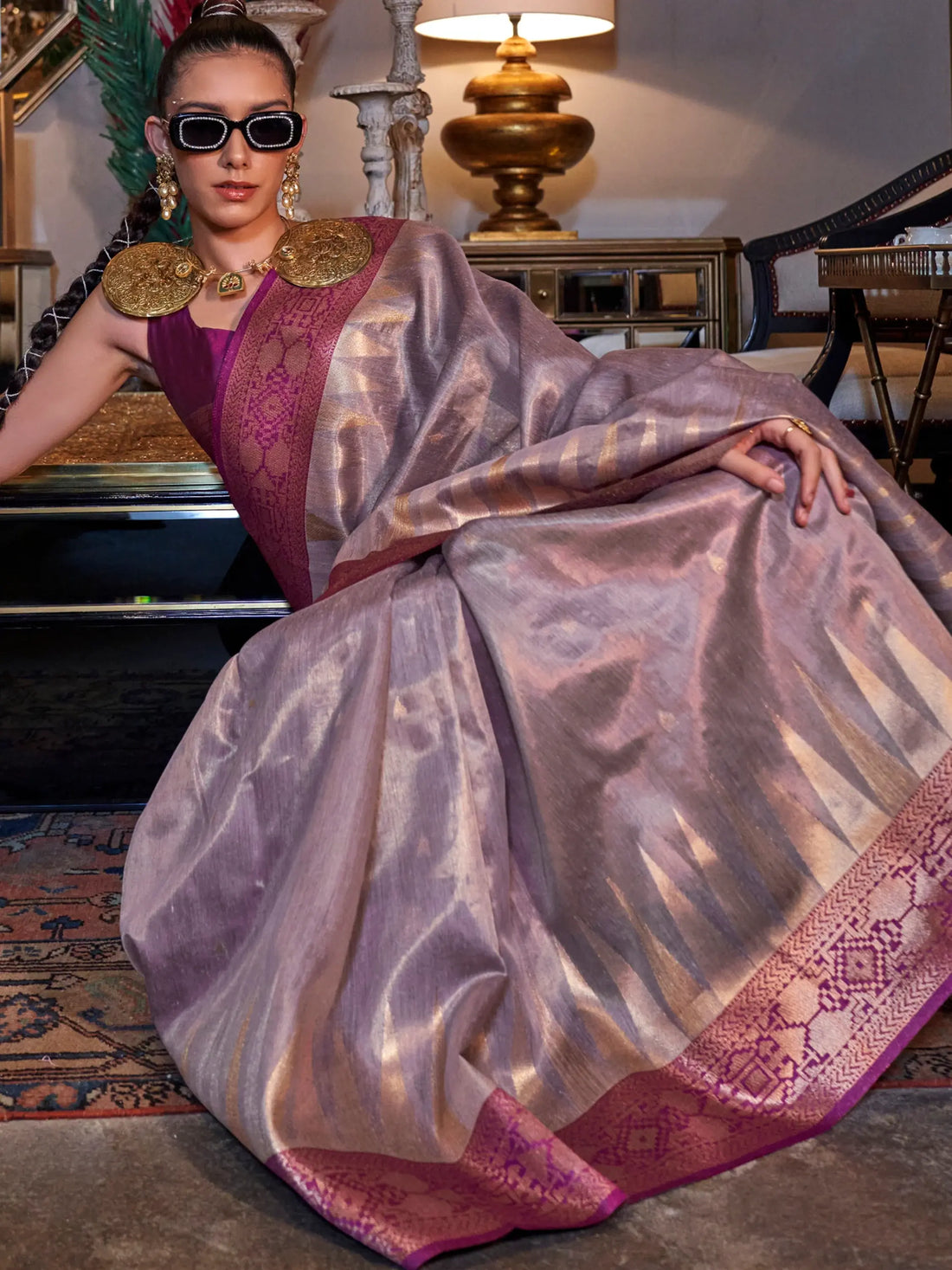 Wonderful Lavender Zari Weaving Tissue Silk Festival Wear Saree - Zeel Clothing