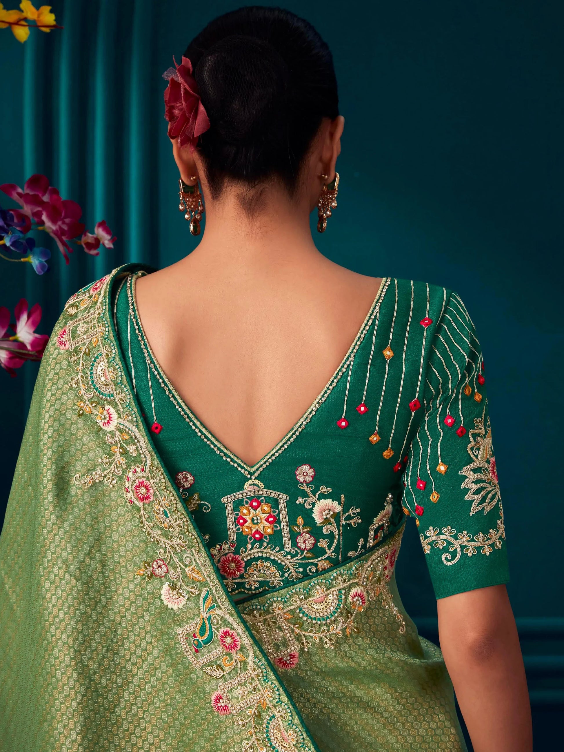 Wonderful Light Green Embroidered Kanjivaram Silk Designer Saree With Blouse - Zeel Clothing