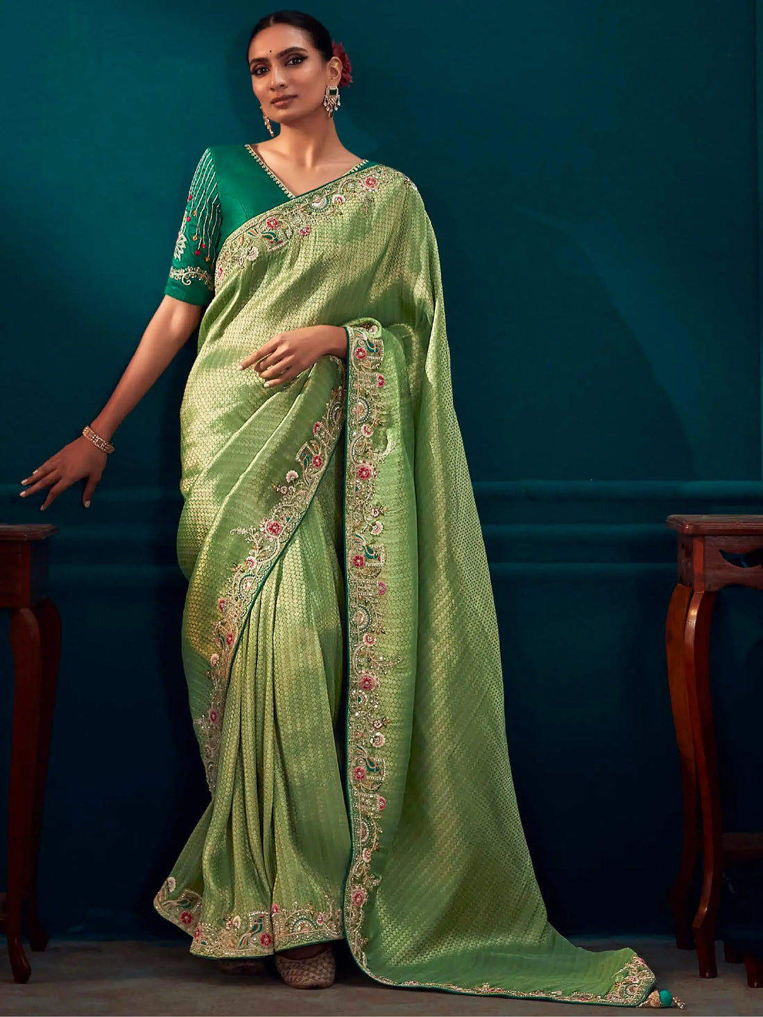 Wonderful Light Green Embroidered Kanjivaram Silk Designer Saree With Blouse - Zeel Clothing