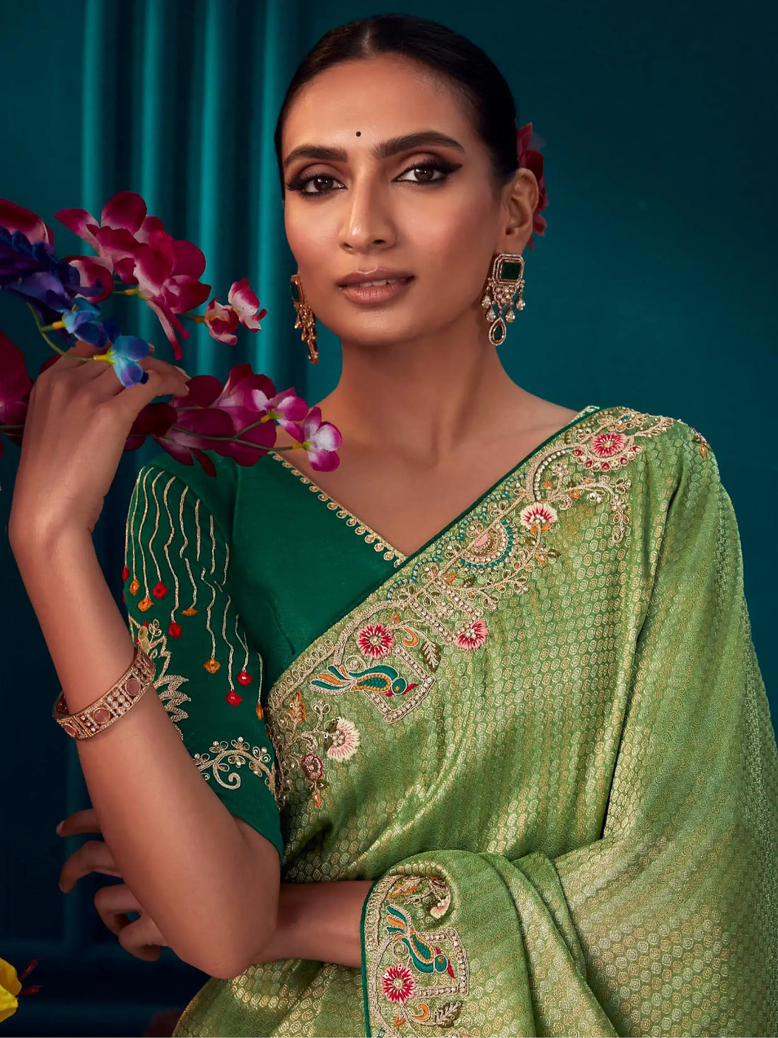 Wonderful Light Green Embroidered Kanjivaram Silk Designer Saree With Blouse - Zeel Clothing