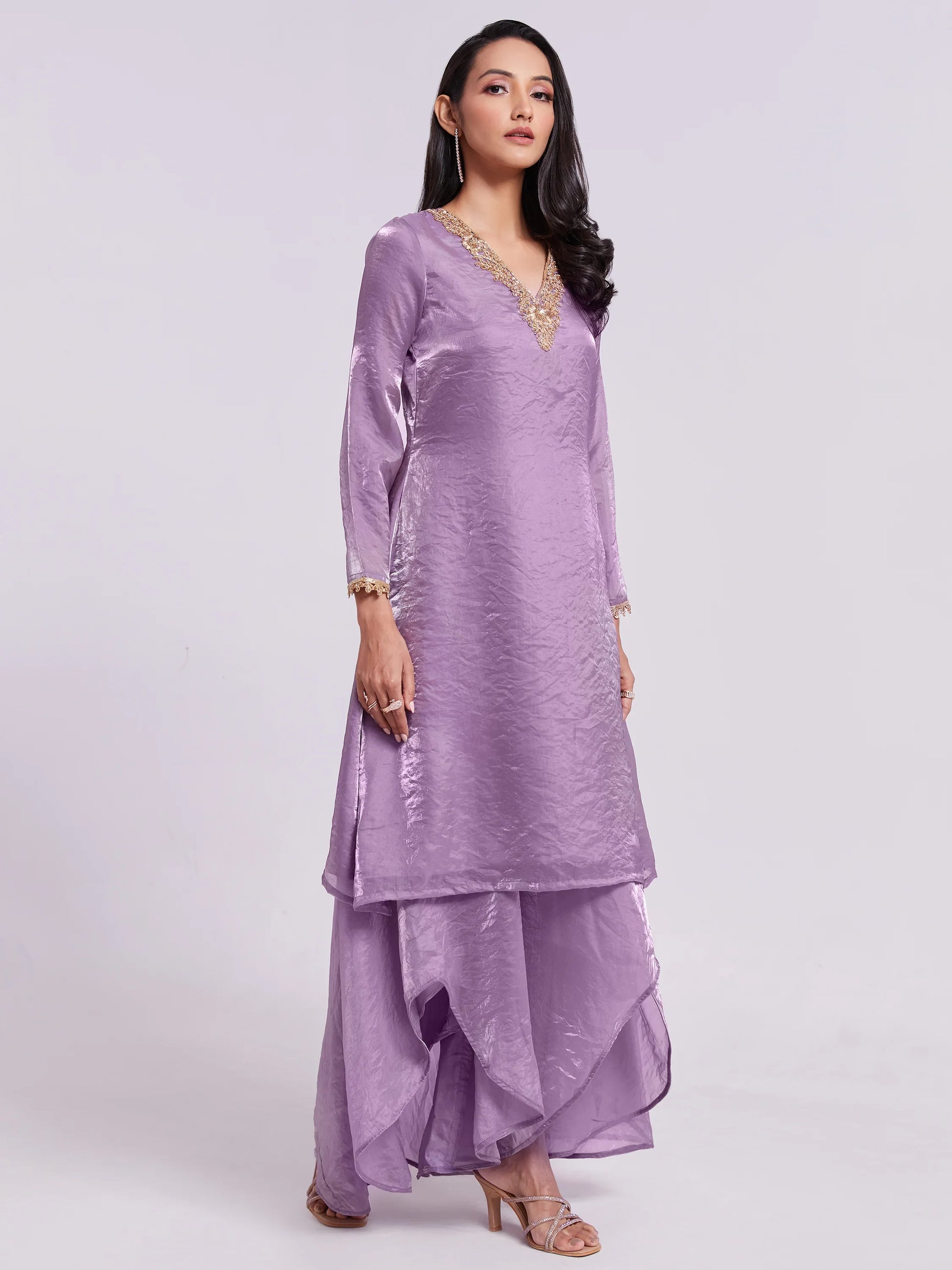 Wonderful Lilac Organza Designer Kurta With Palazzo Set - Zeel Clothing