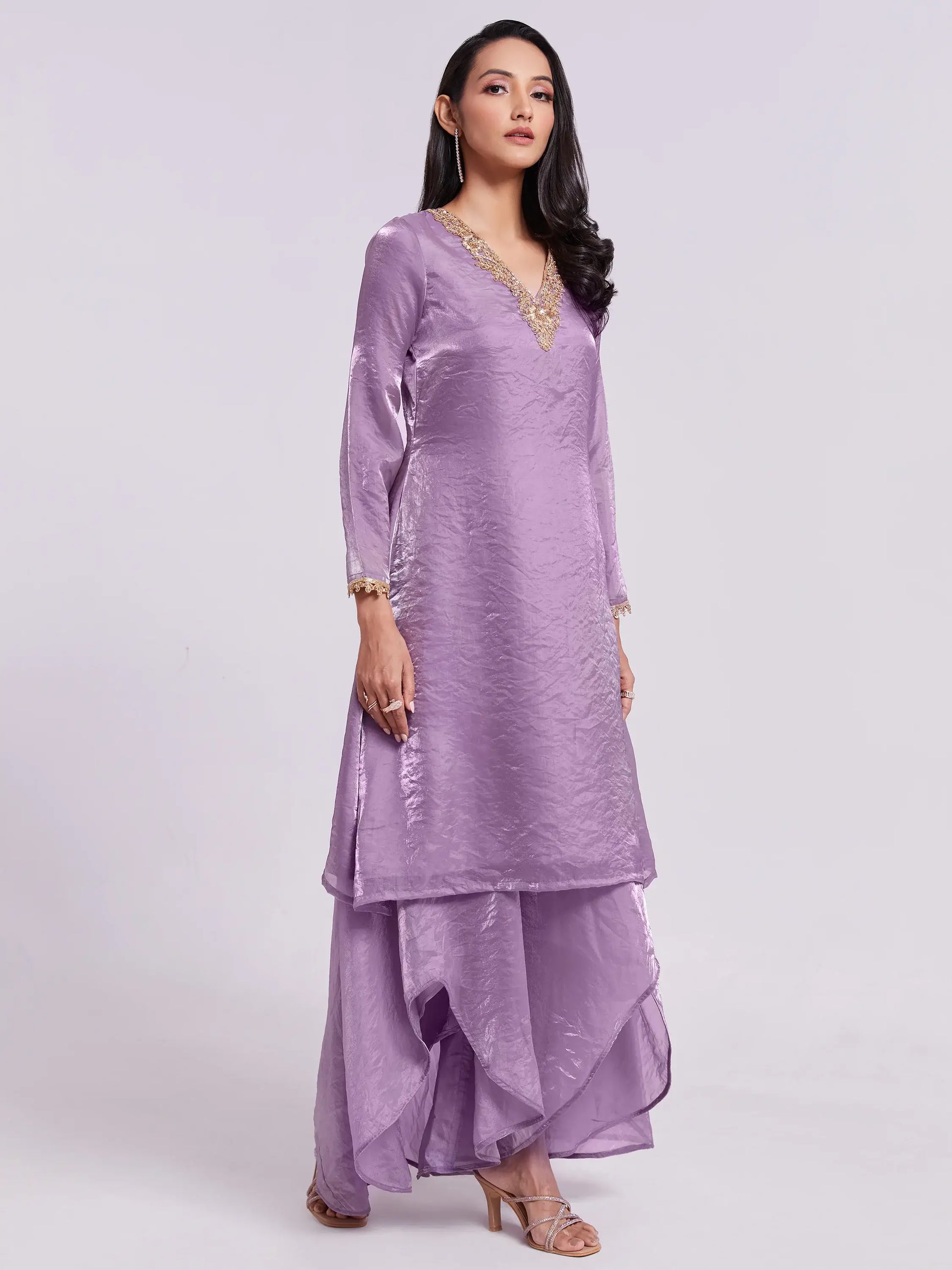 Wonderful Lilac Organza Designer Kurta With Palazzo Set - Zeel Clothing