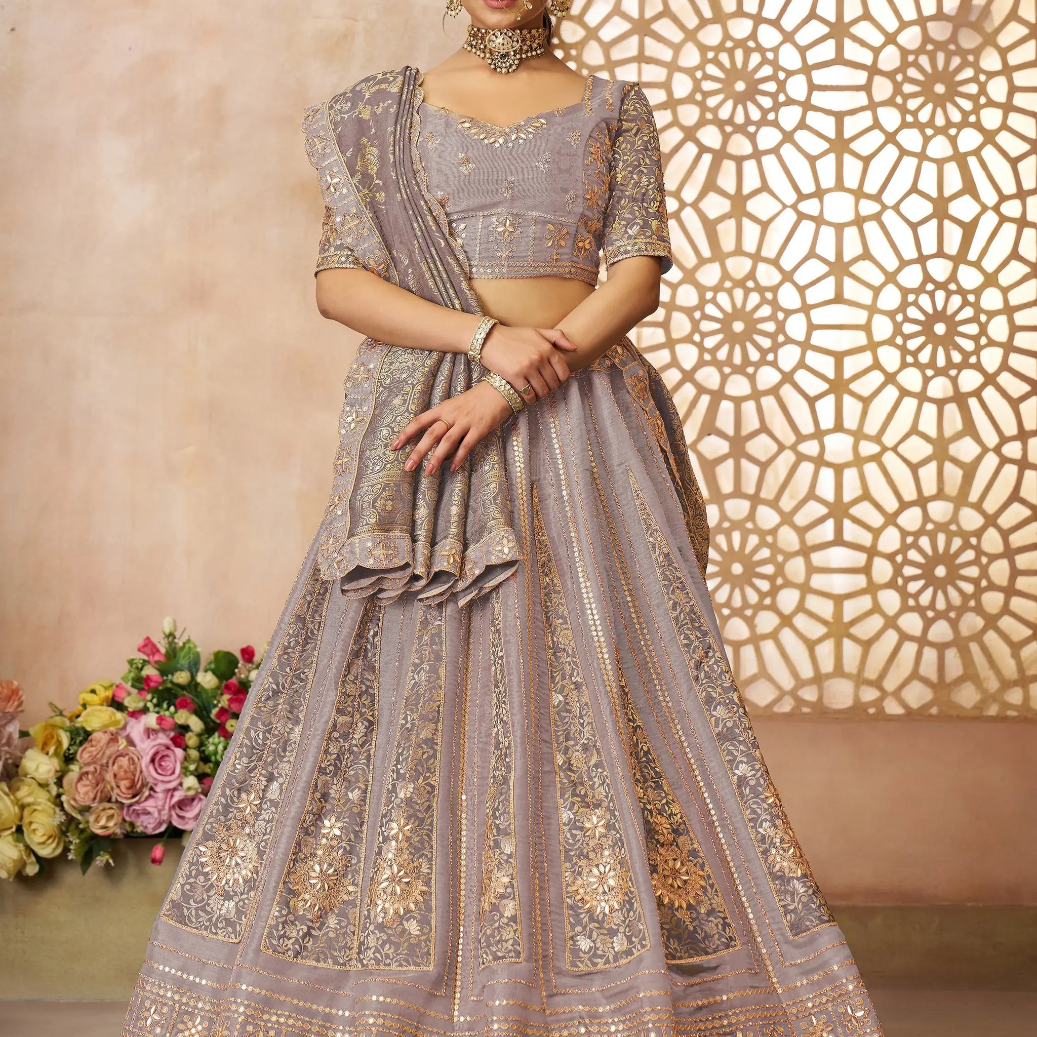 Wonderful Lilac Zari Embroidered Tissue Silk Wedding Lehenga Choli - Zeel Clothing
