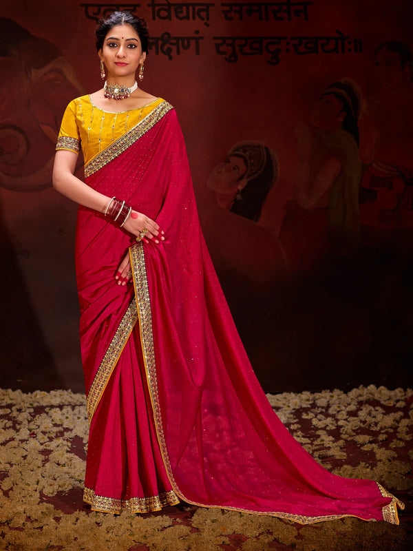 Wonderful Magenta Heavy Lace Work Silk Wedding Saree With Blouse - Zeel Clothing