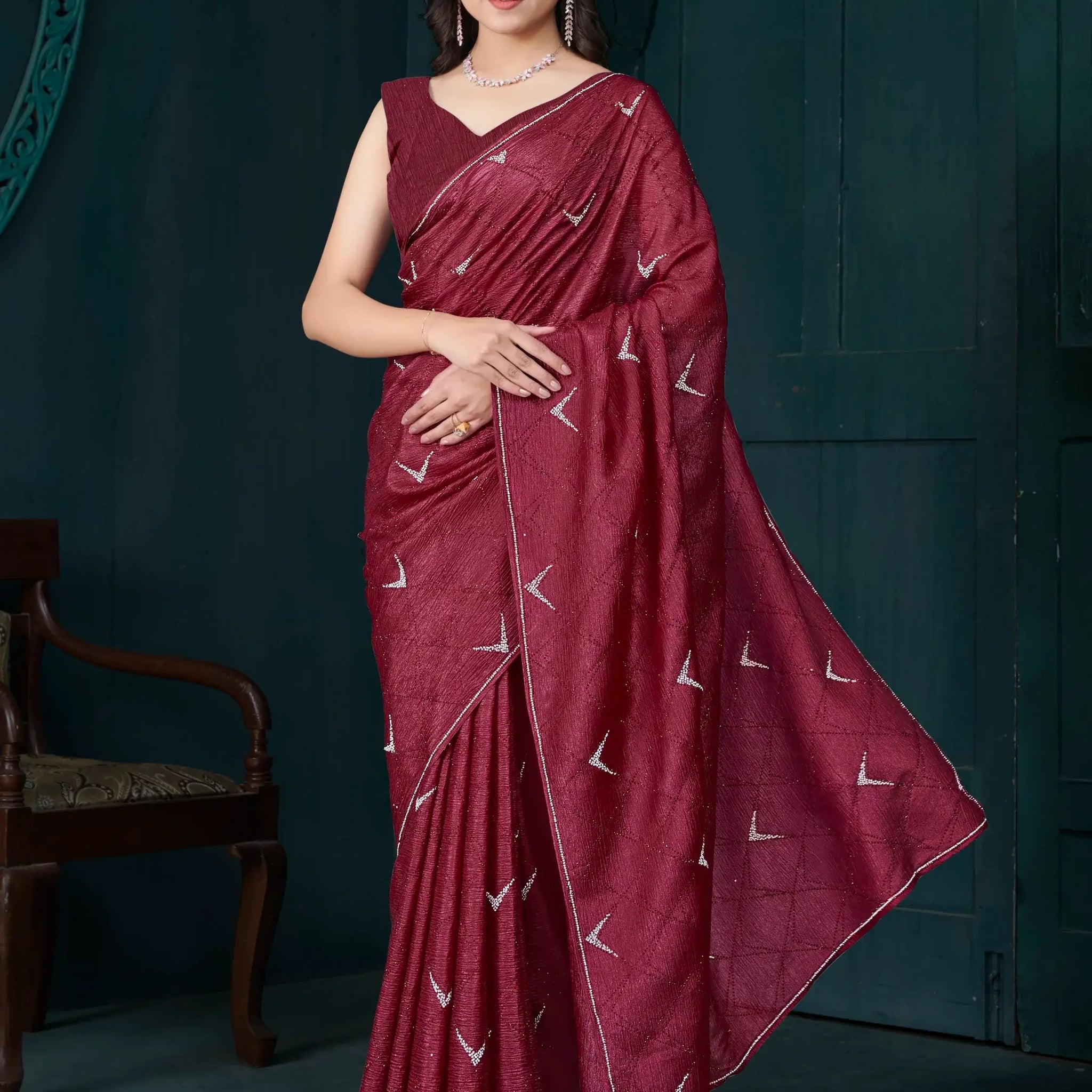 Wonderful Maroon Diamond Work Crepe Silk Wedding Wear Saree - Zeel Clothing