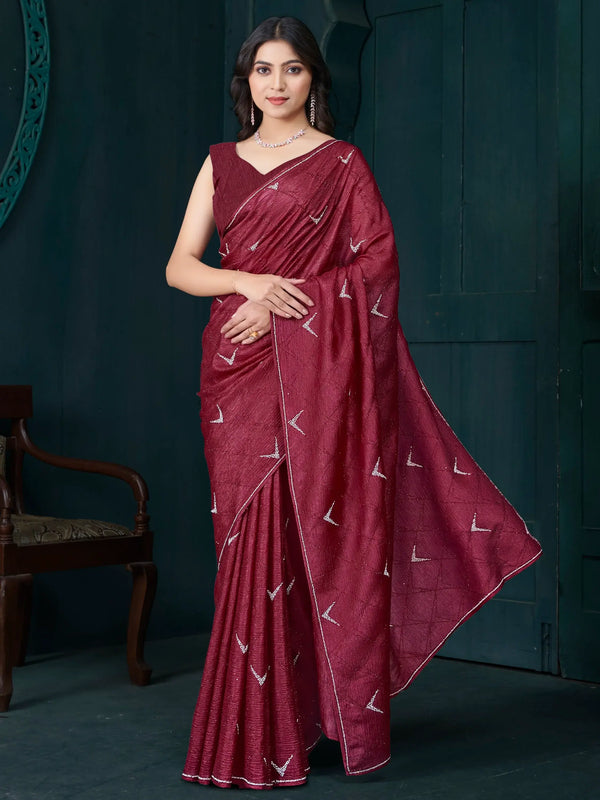 Wonderful Maroon Diamond Work Crepe Silk Wedding Wear Saree - Zeel Clothing