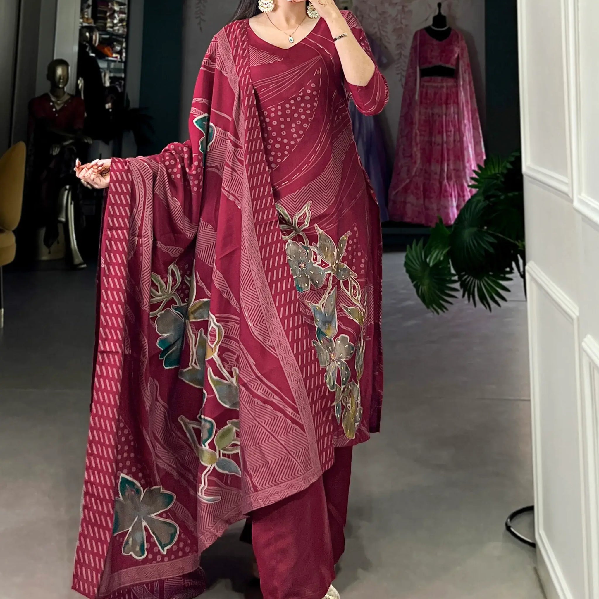 Wonderful Maroon Floral Printed Silk Palazzo Suit With Dupatta - Zeel Clothing