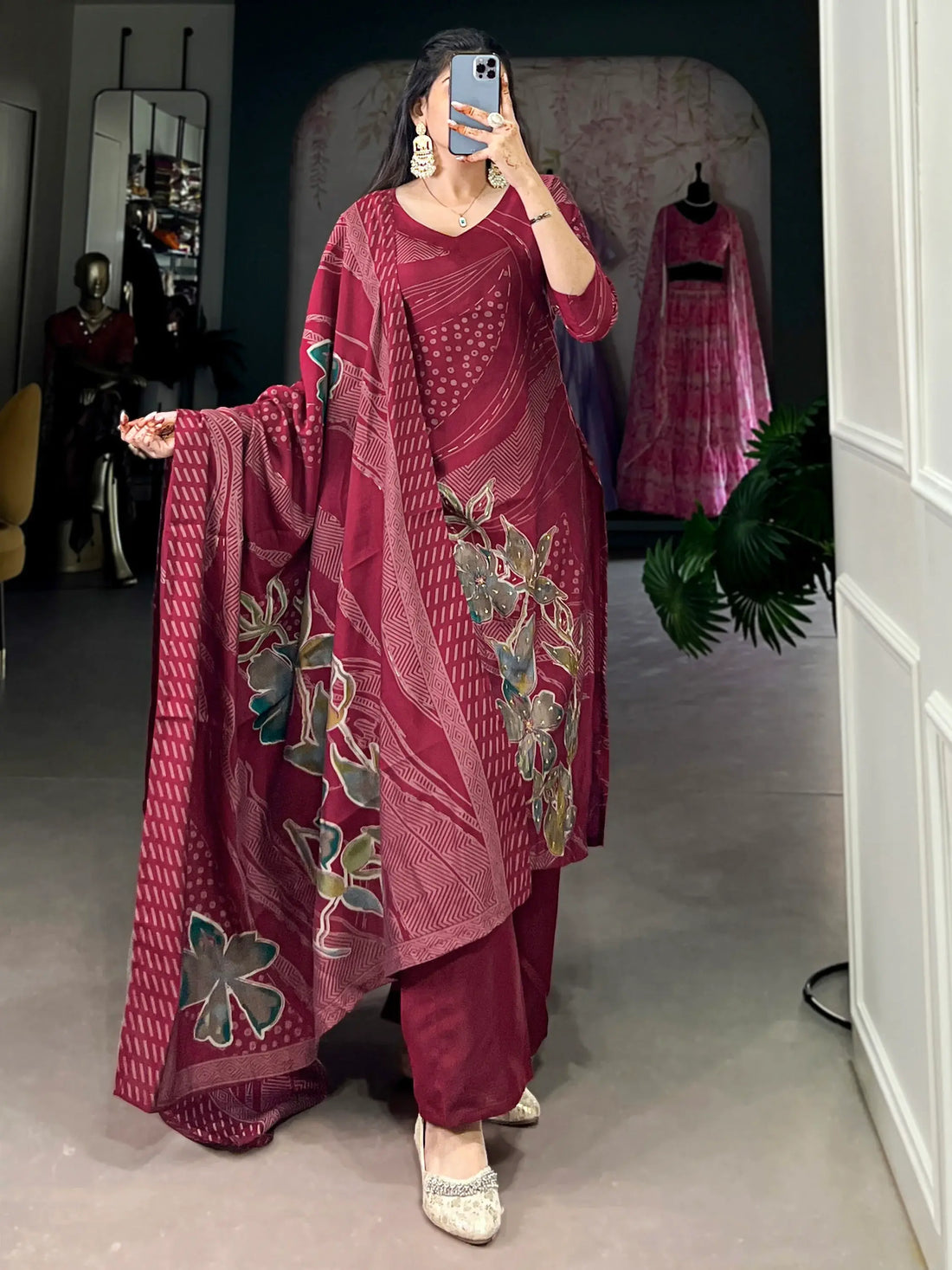 Wonderful Maroon Floral Printed Silk Palazzo Suit With Dupatta - Zeel Clothing
