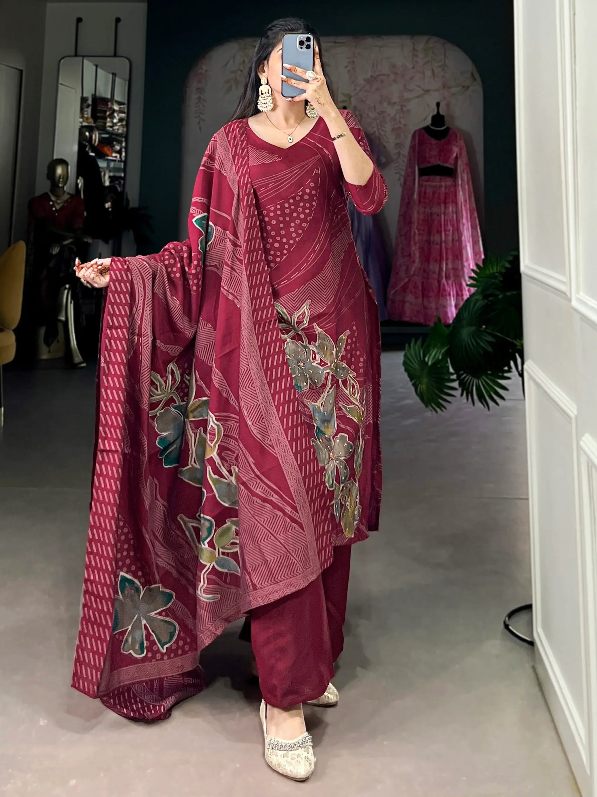 Wonderful Maroon Floral Printed Silk Palazzo Suit With Dupatta - Zeel Clothing