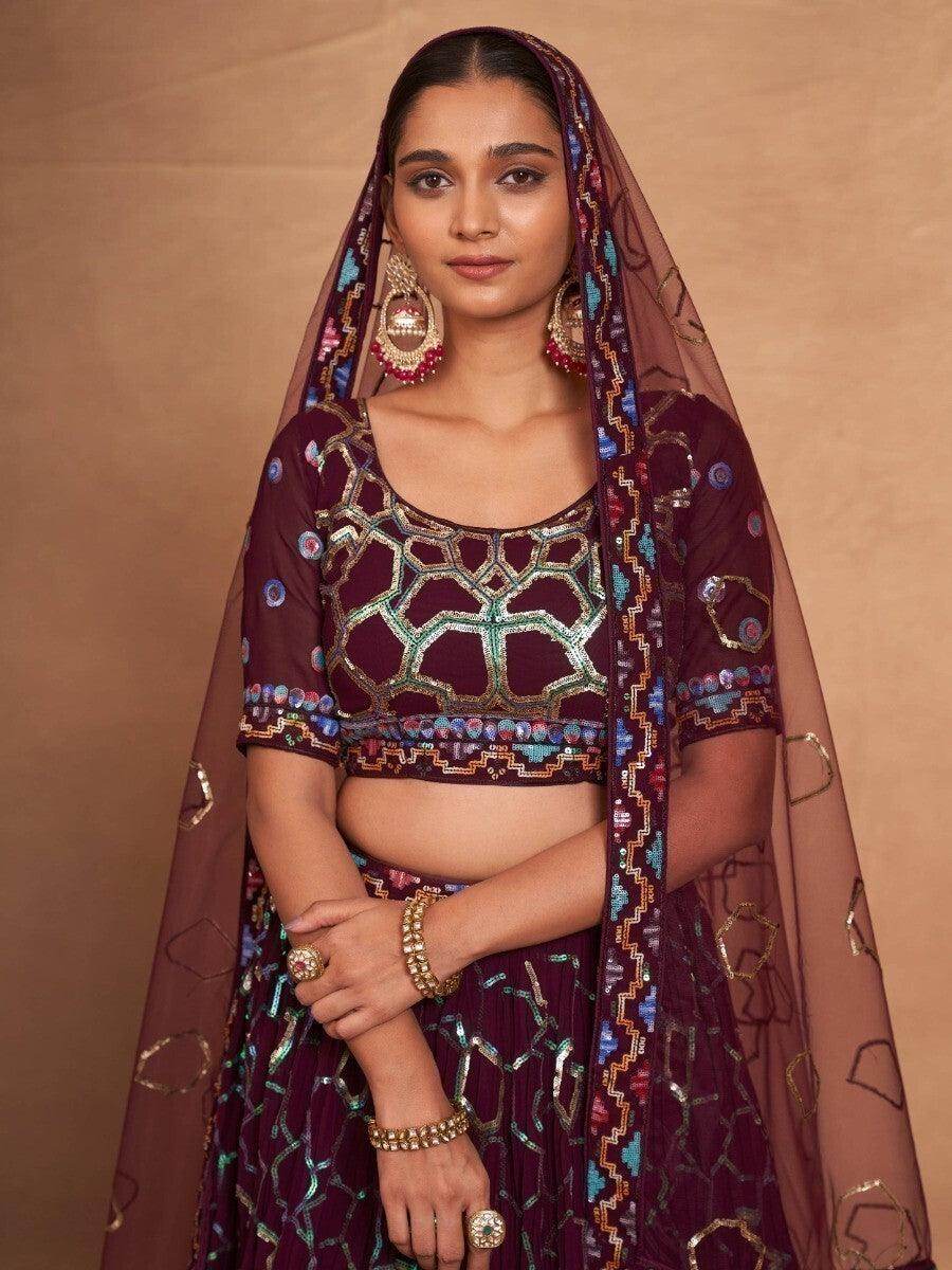 Wonderful Maroon Sequins Georgette Designer Lehenga Choli With Dupatta - Zeel Clothing