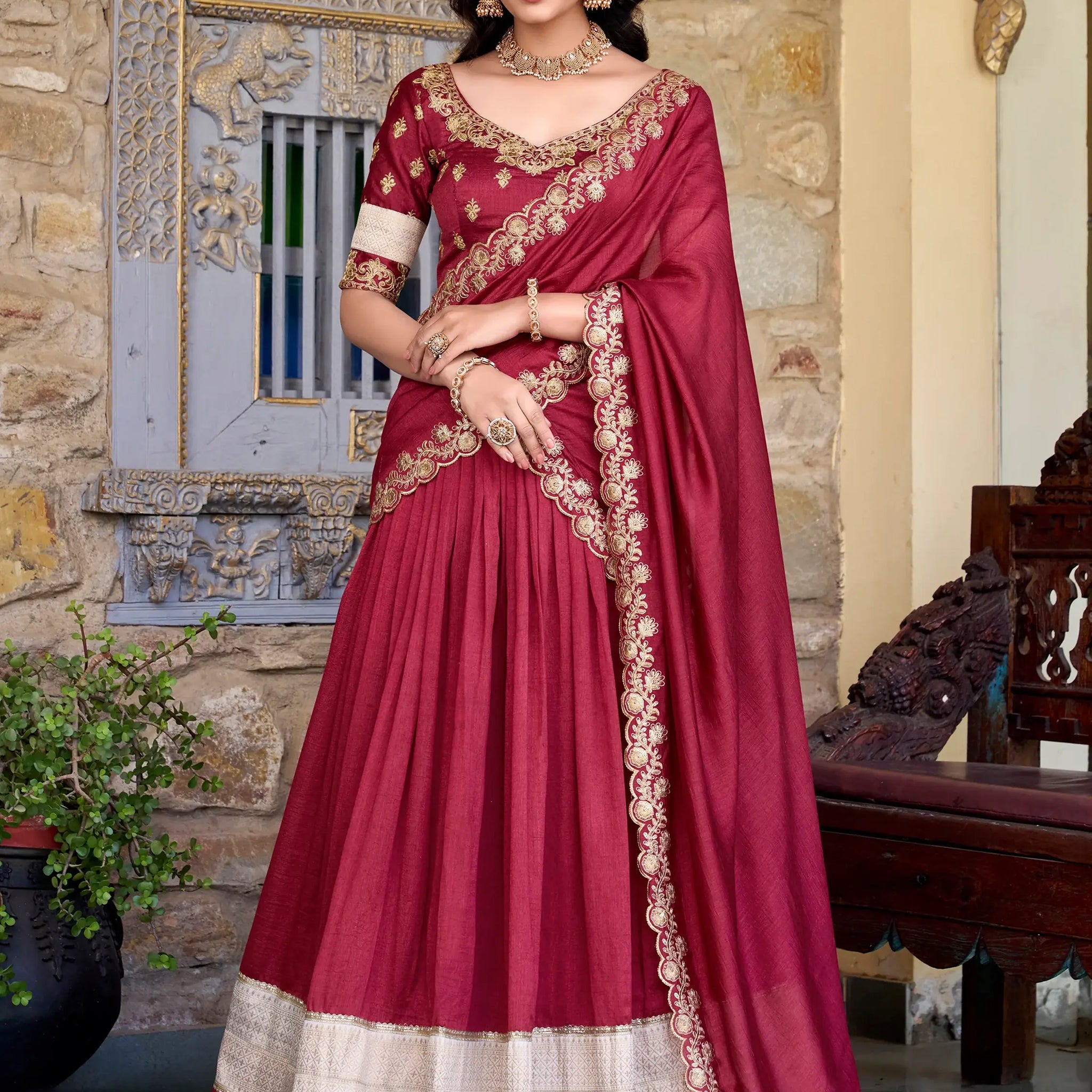 Wonderful Maroon Zari Weaving Silk Wedding Lehenga Choli With Dupatta - Zeel Clothing