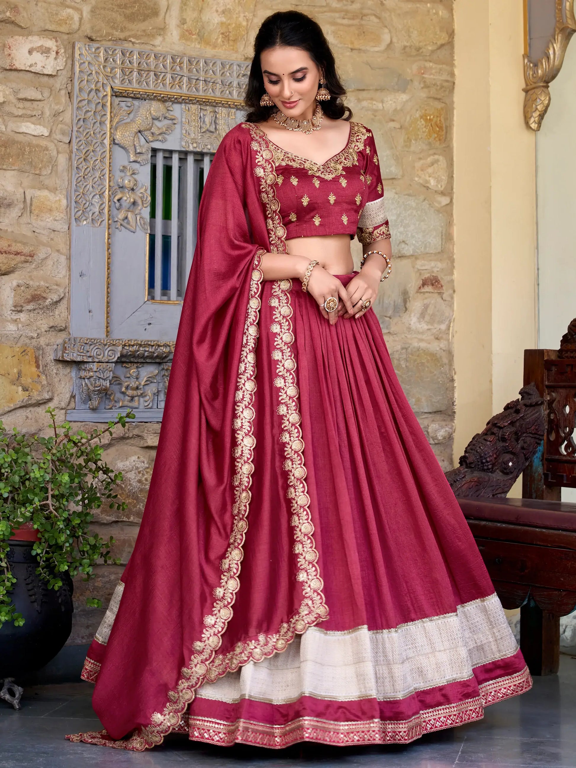Wonderful Maroon Zari Weaving Silk Wedding Lehenga Choli With Dupatta - Zeel Clothing