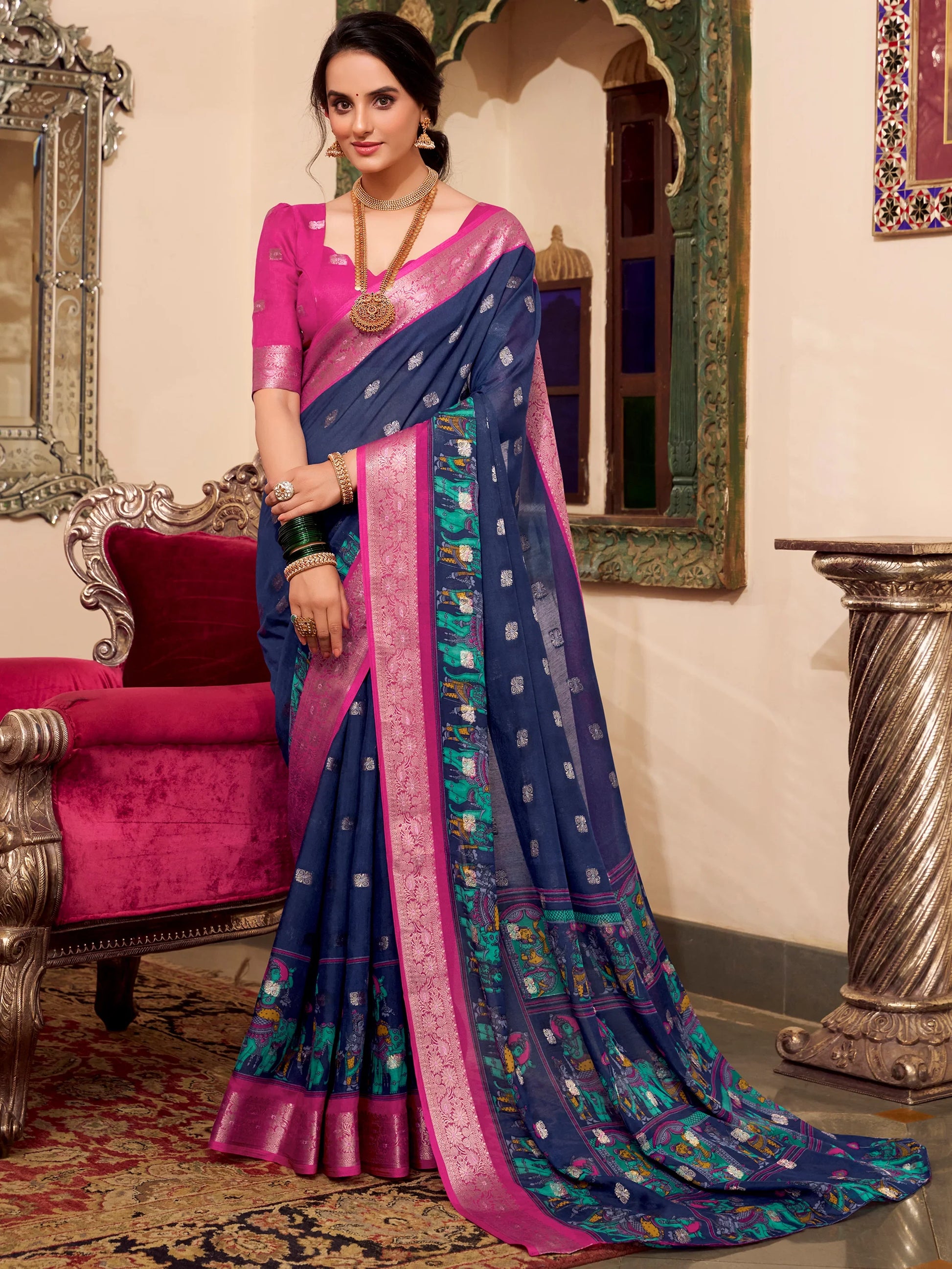 Wonderful Navy Blue Kalamkari Printed Cotton Casual Wear Saree - Zeel Clothing
