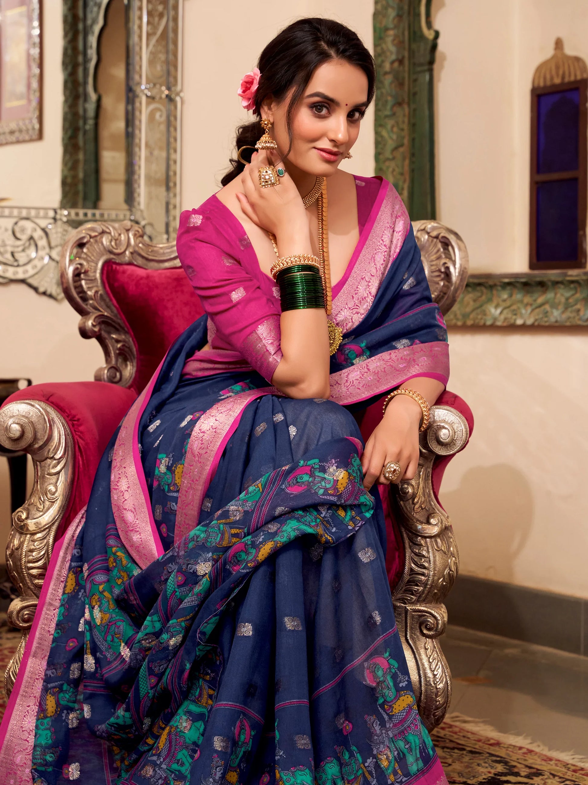 Wonderful Navy Blue Kalamkari Printed Cotton Casual Wear Saree - Zeel Clothing
