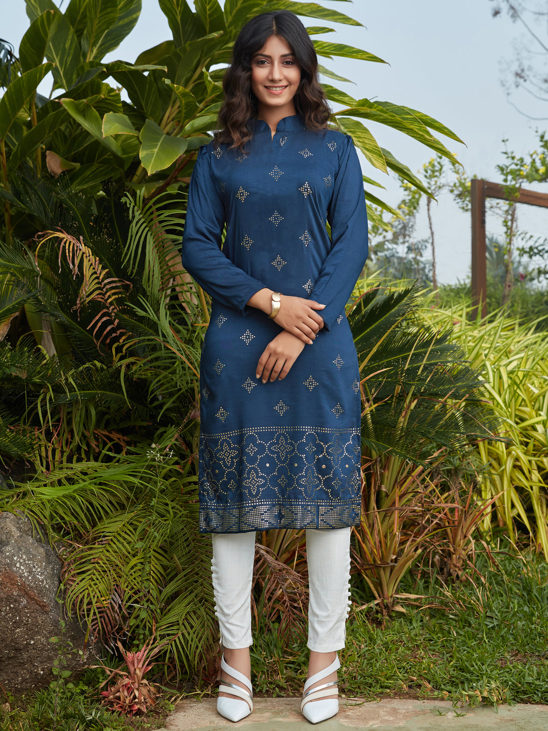 Wonderful Navy Blue Mukaish Work Cotton Casual Wear Kurti - Zeel Clothing