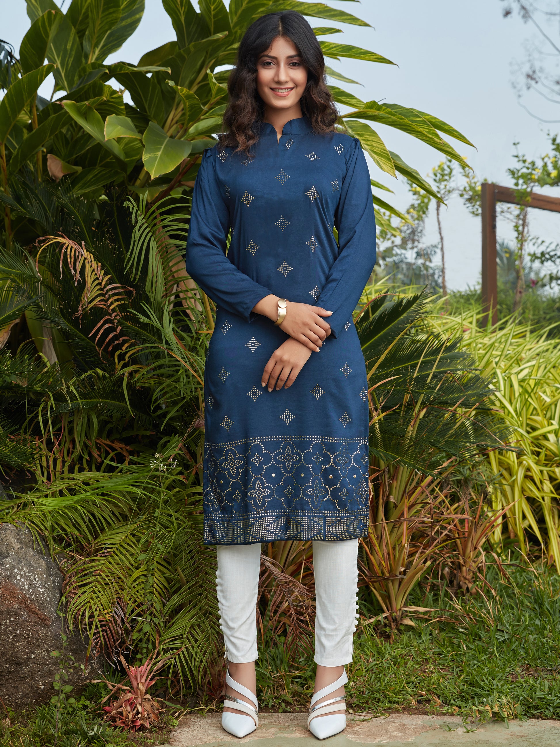 Wonderful Navy Blue Mukaish Work Cotton Casual Wear Kurti - Zeel Clothing