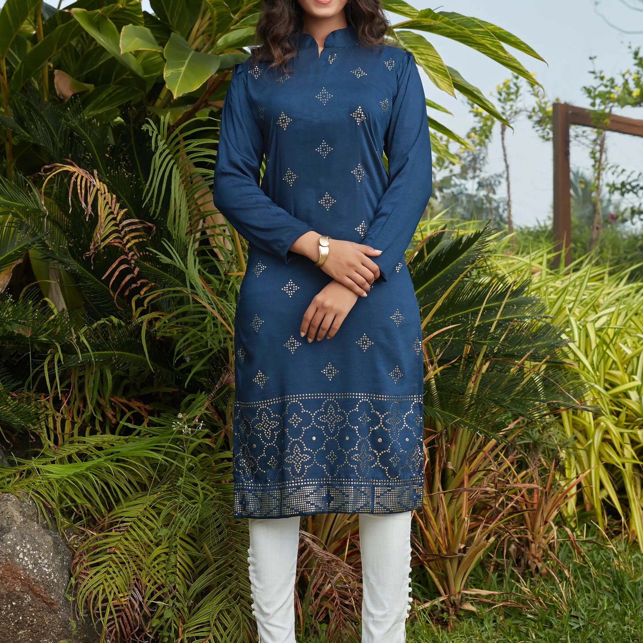 Wonderful Navy Blue Mukaish Work Cotton Casual Wear Kurti - Zeel Clothing