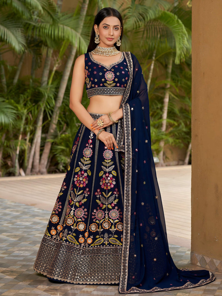 Wonderful Navy-Blue Multi-Thread Embroidered Georgette Lehenga Choli