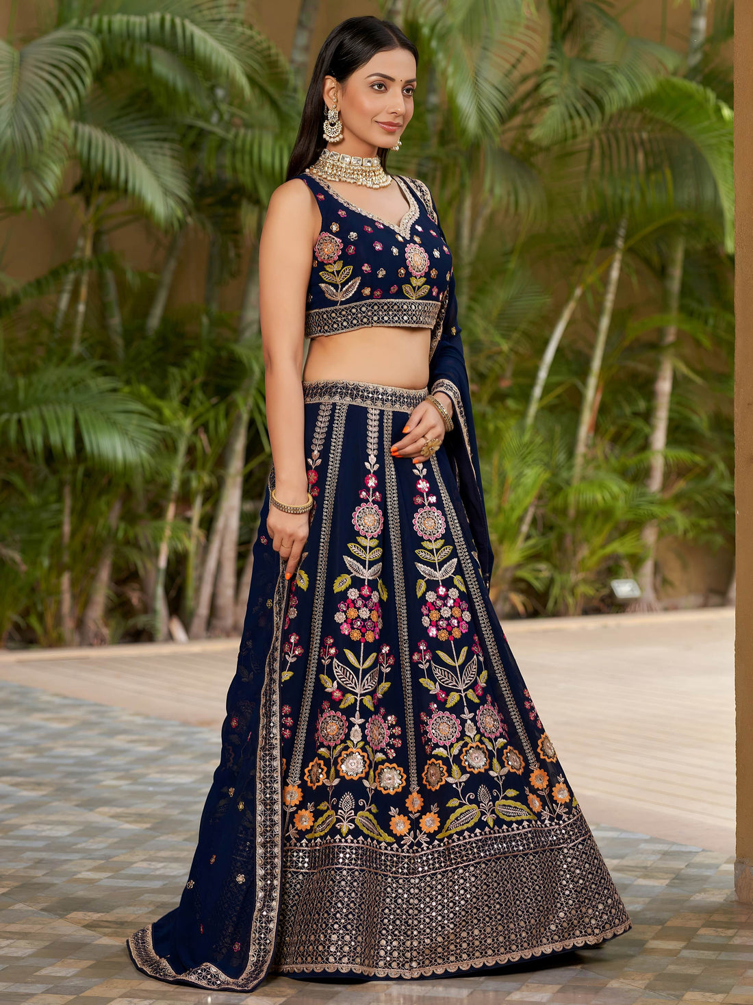 Wonderful Navy-Blue Multi-Thread Embroidered Georgette Lehenga Choli