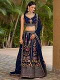 Wonderful Navy-Blue Multi-Thread Embroidered Georgette Lehenga Choli