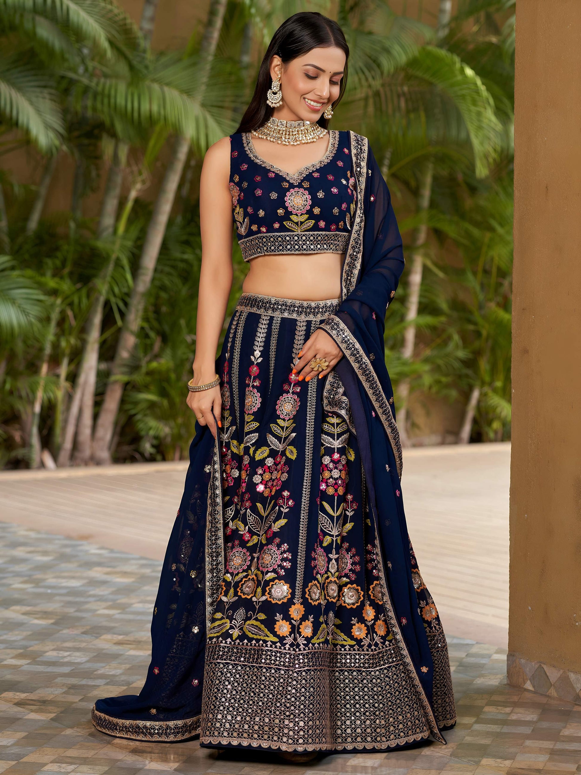 Wonderful Navy-Blue Multi-Thread Embroidered Georgette Lehenga Choli
