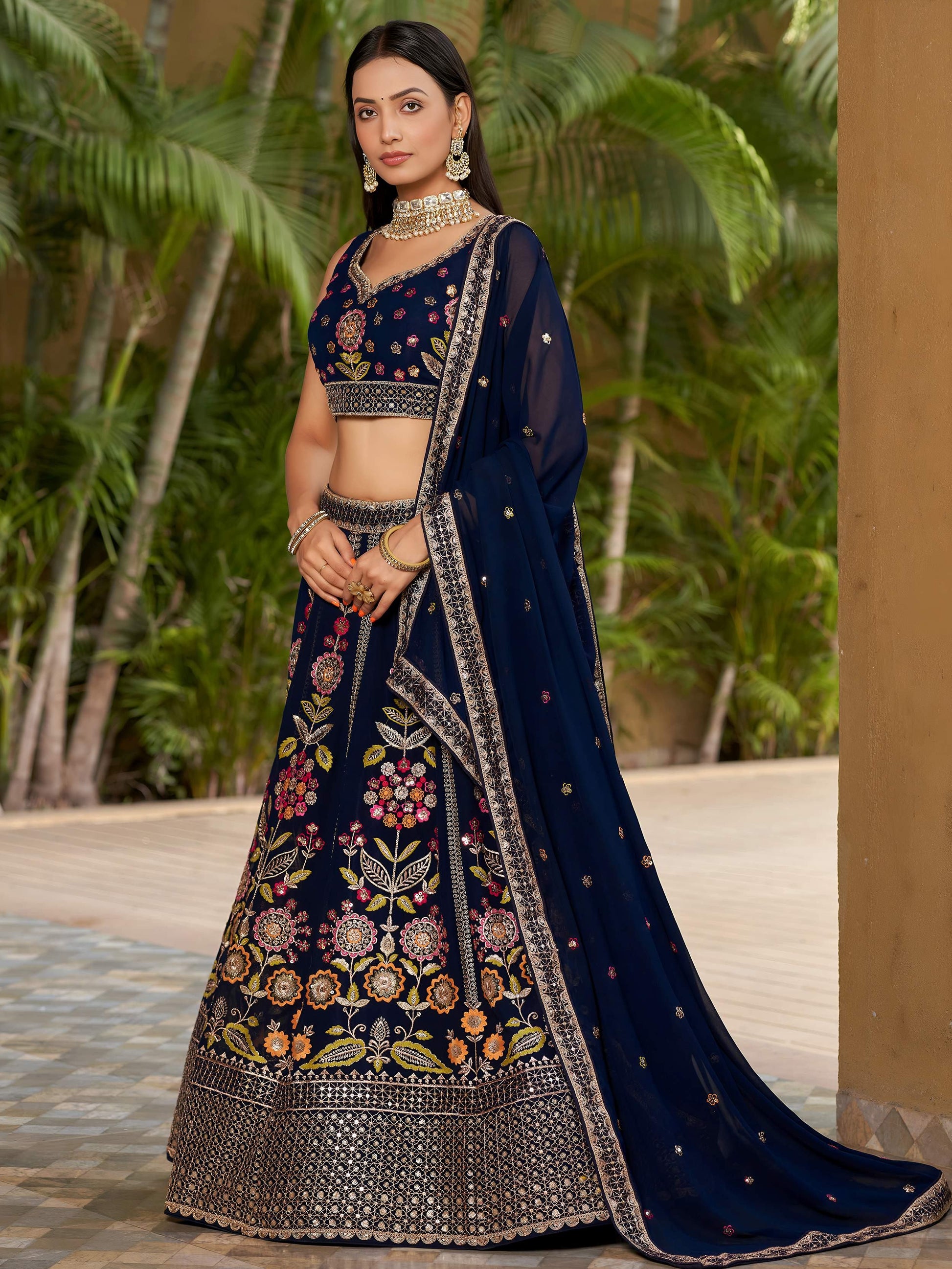 Wonderful Navy-Blue Multi-Thread Embroidered Georgette Lehenga Choli