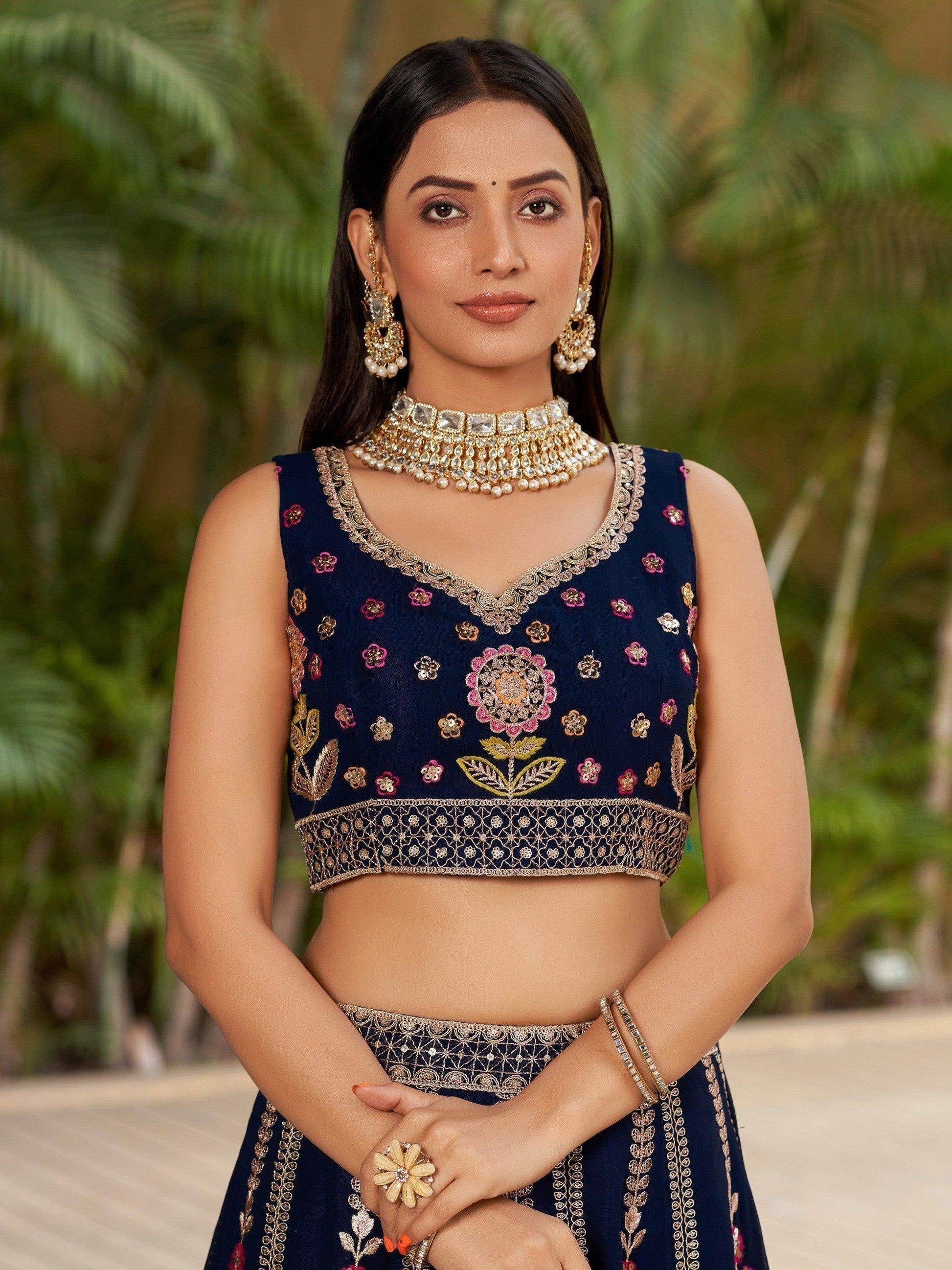 Wonderful Navy-Blue Multi-Thread Embroidered Georgette Lehenga Choli - Zeel Clothing