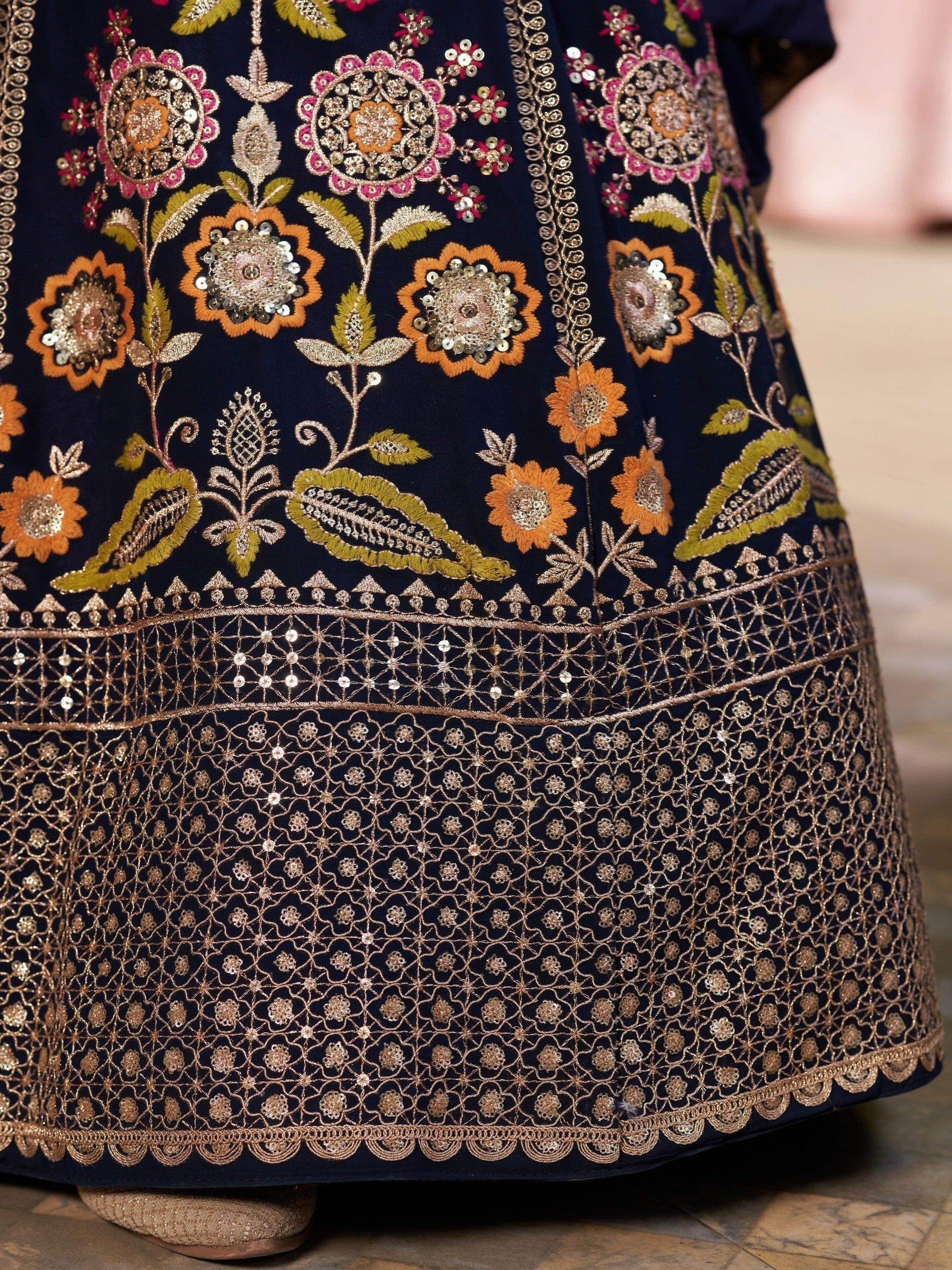 Wonderful Navy-Blue Multi-Thread Embroidered Georgette Lehenga Choli - Zeel Clothing