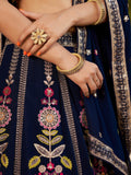 Wonderful Navy-Blue Multi-Thread Embroidered Georgette Lehenga Choli - Zeel Clothing