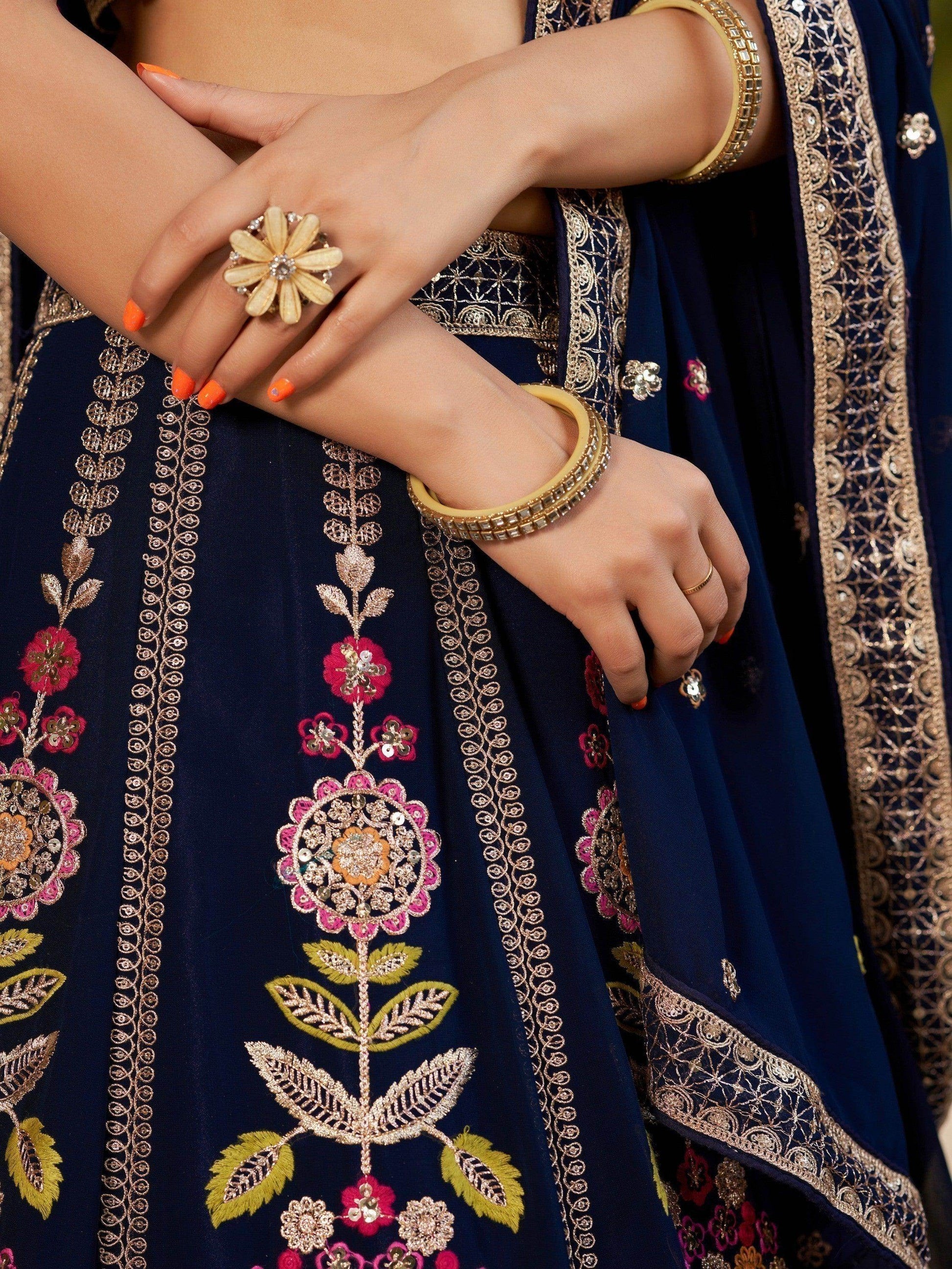 Wonderful Navy-Blue Multi-Thread Embroidered Georgette Lehenga Choli - Zeel Clothing