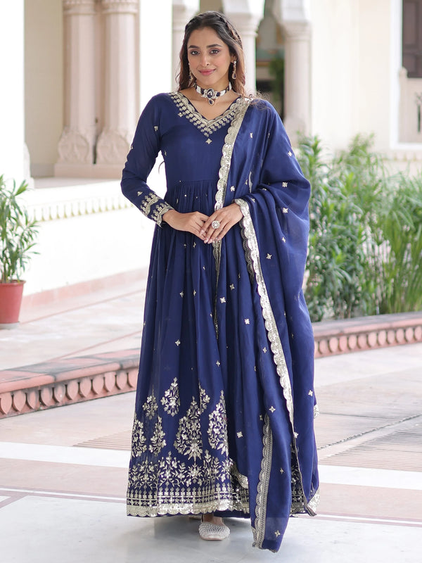 Wonderful Navy Blue Sequins Silk Festive Wear Gown With Dupatta