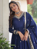 Wonderful Navy Blue Sequins Silk Festive Wear Gown With Dupatta