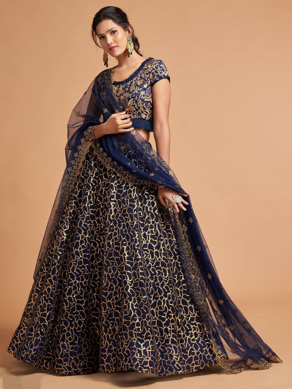 Wonderful Navy Blue Thread Embroidered Net Party Wear Lehenga Choli