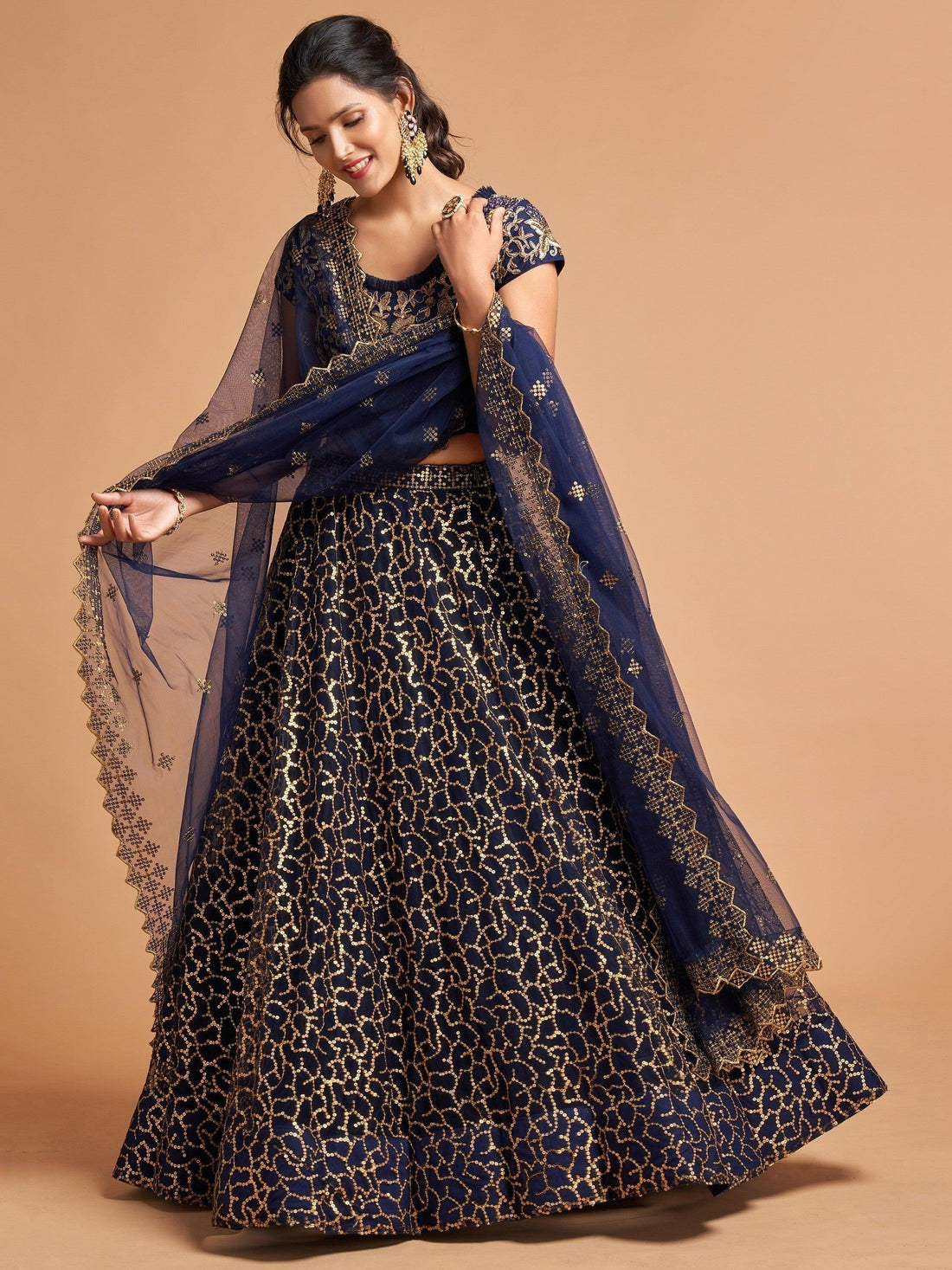 Wonderful Navy Blue Thread Embroidered Net Party Wear Lehenga Choli