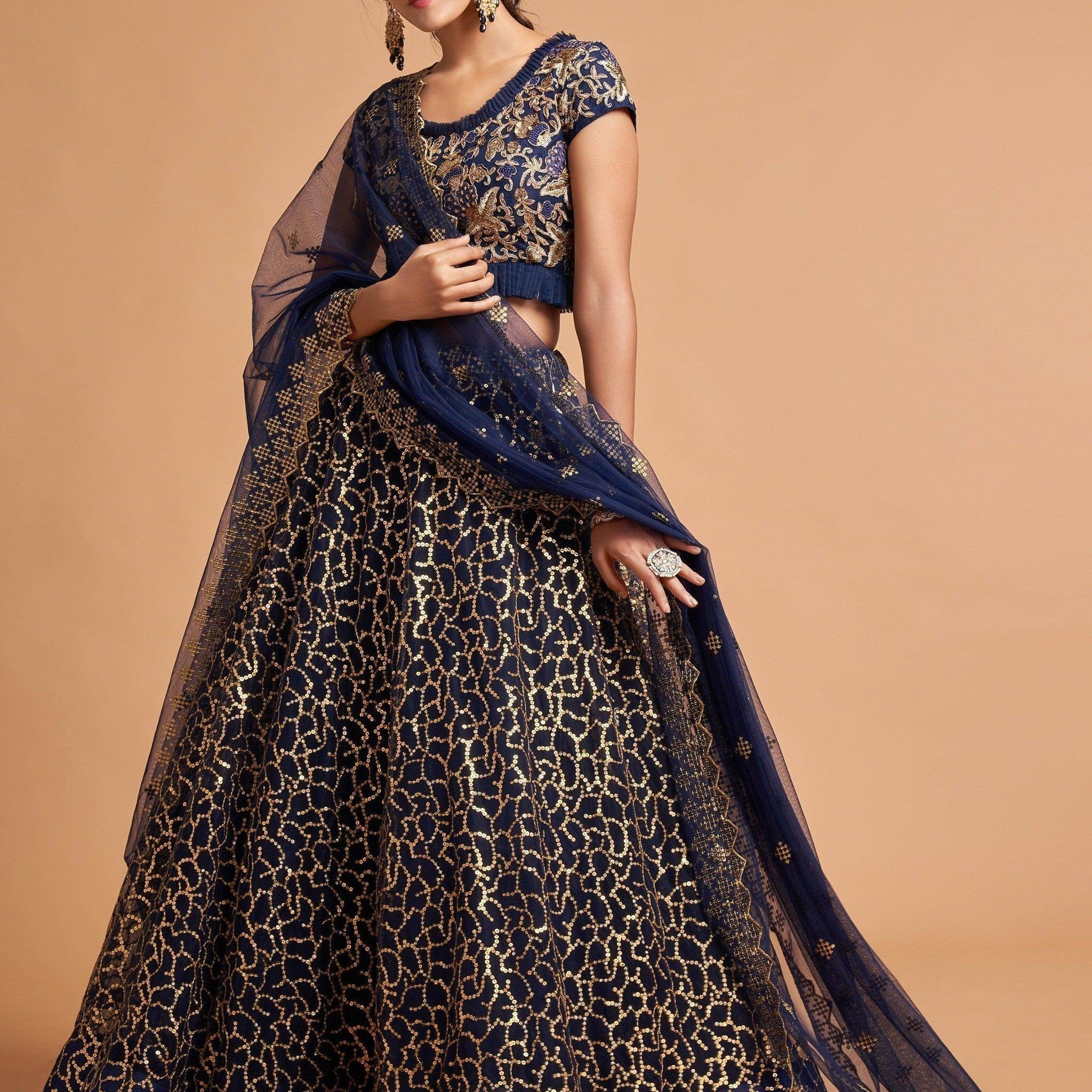 Wonderful Navy Blue Thread Embroidered Net Party Wear Lehenga Choli - Zeel Clothing